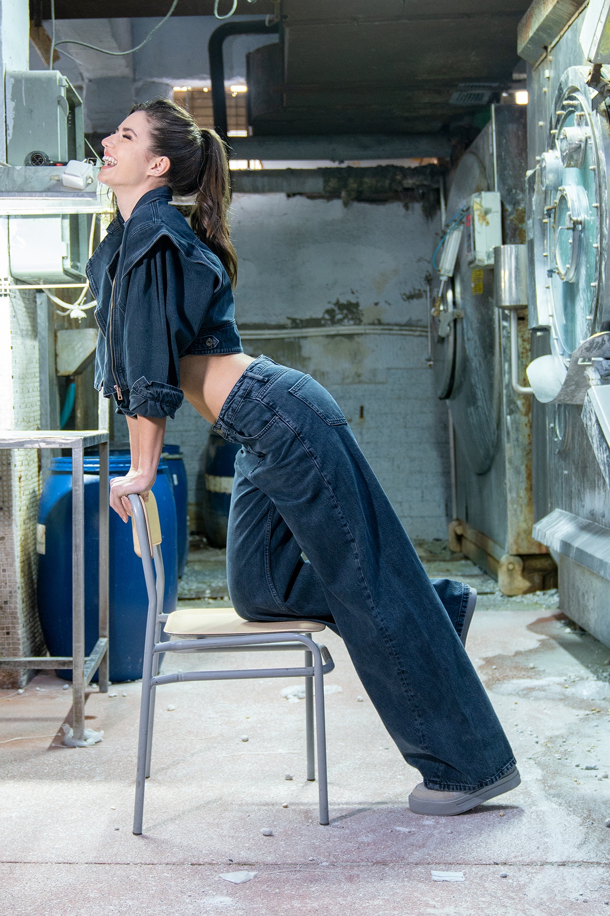 LACARINOUzun Boy Yüksek Bel Blue Black Wide Leg Jean Pantolon