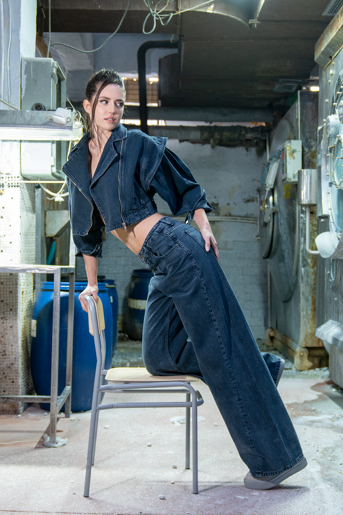LACARINOUzun Boy Yüksek Bel Blue Black Wide Leg Jean Pantolon