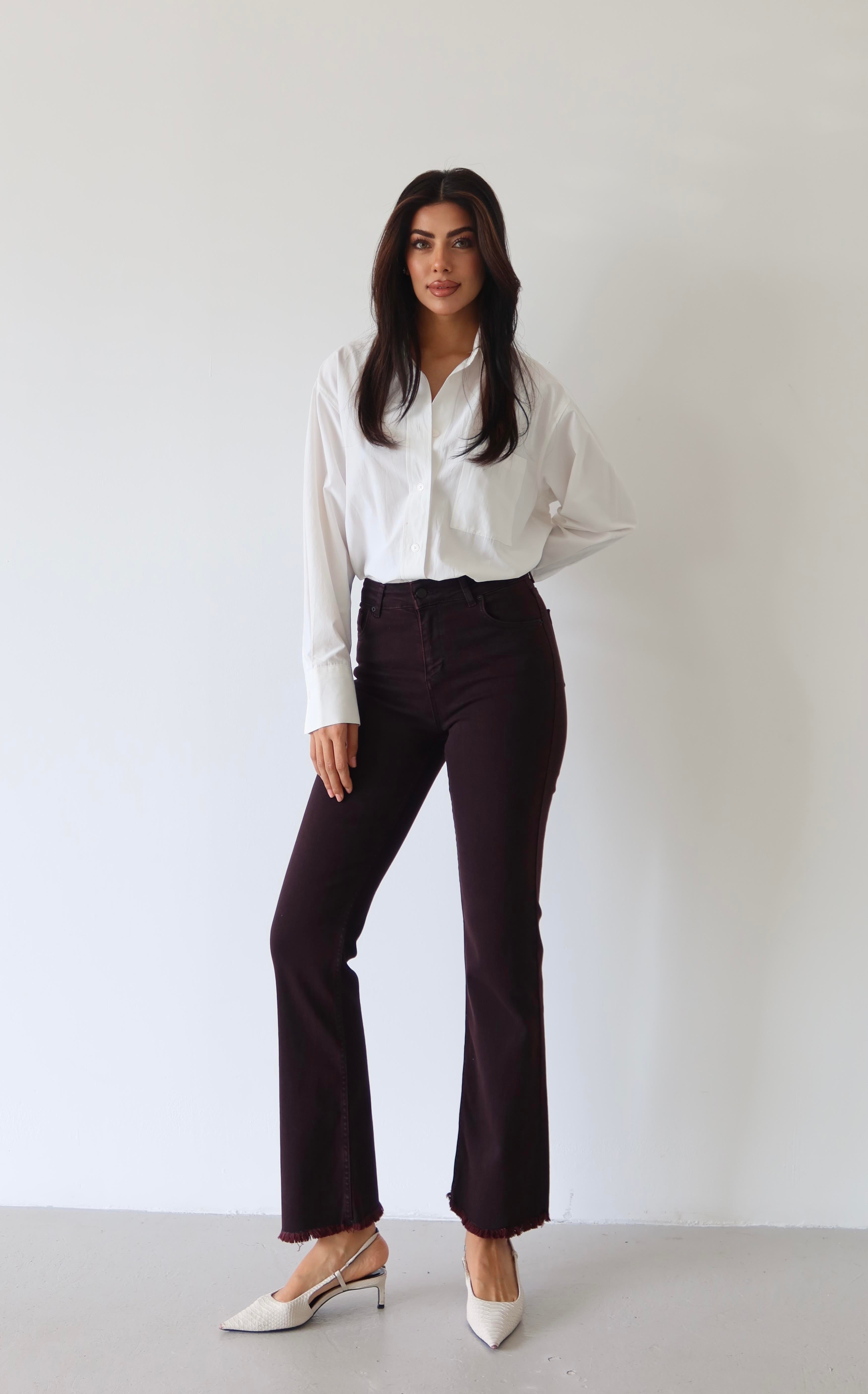 LACARINOHigh Waist Narrow Fit Leg Tassel Detailed Burgundy Jeans