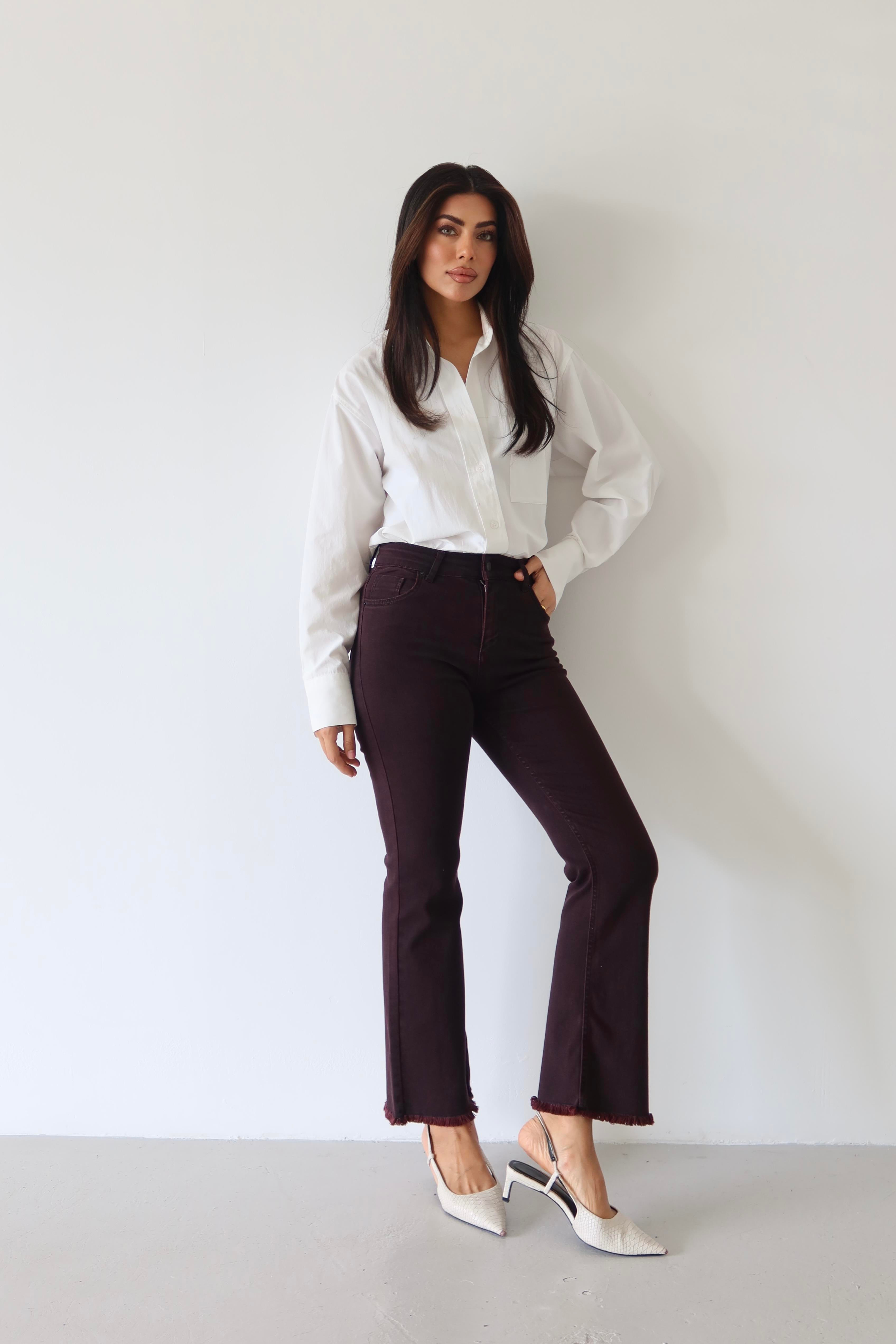 LACARINOHigh Waist Narrow Fit Leg Tassel Detailed Burgundy Jeans