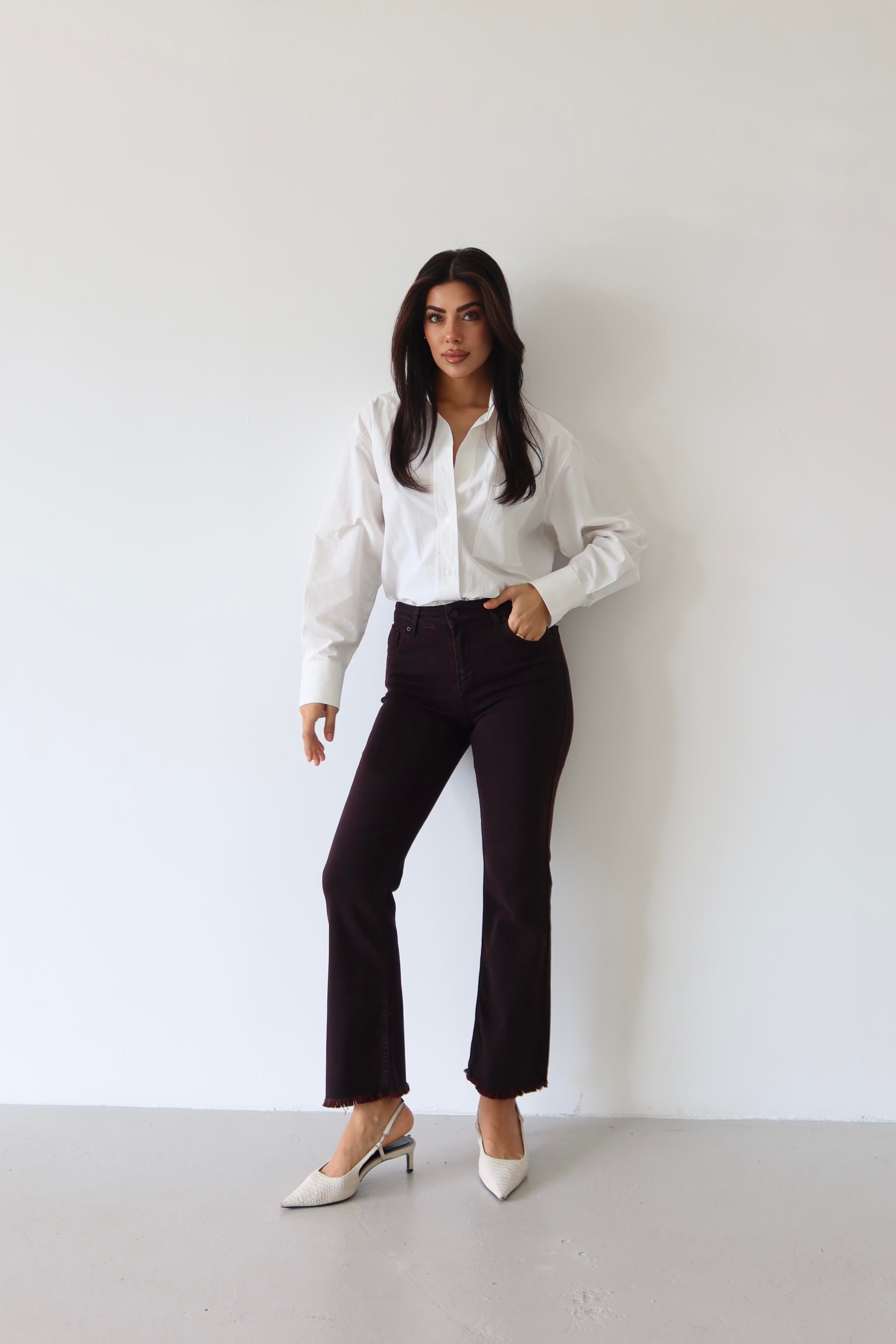 LACARINOHigh Waist Narrow Fit Leg Tassel Detailed Burgundy Jeans