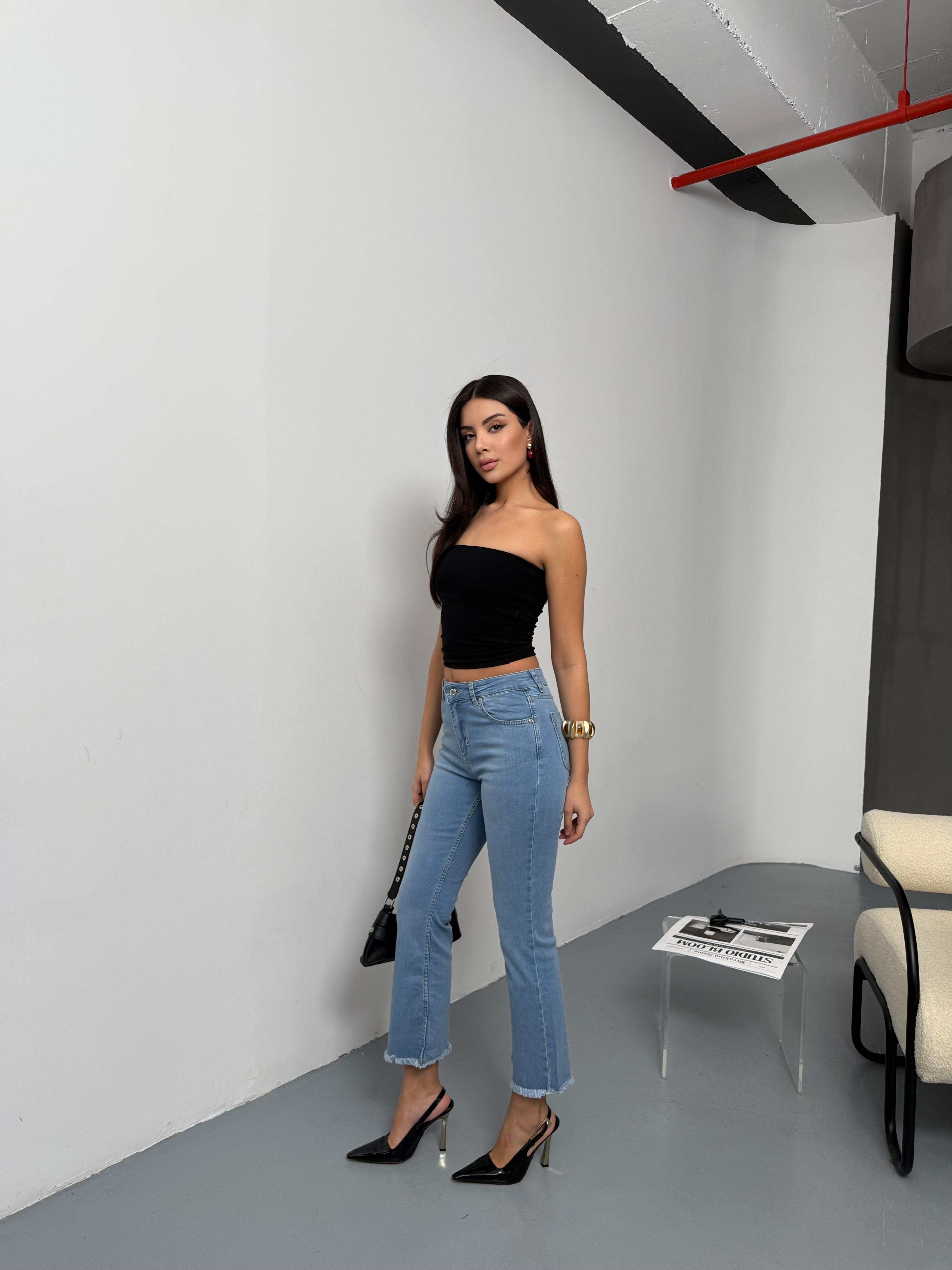 LACARINOYüksek Bel Paça Püskül Detaylı Light Blue Jean  Pantolon