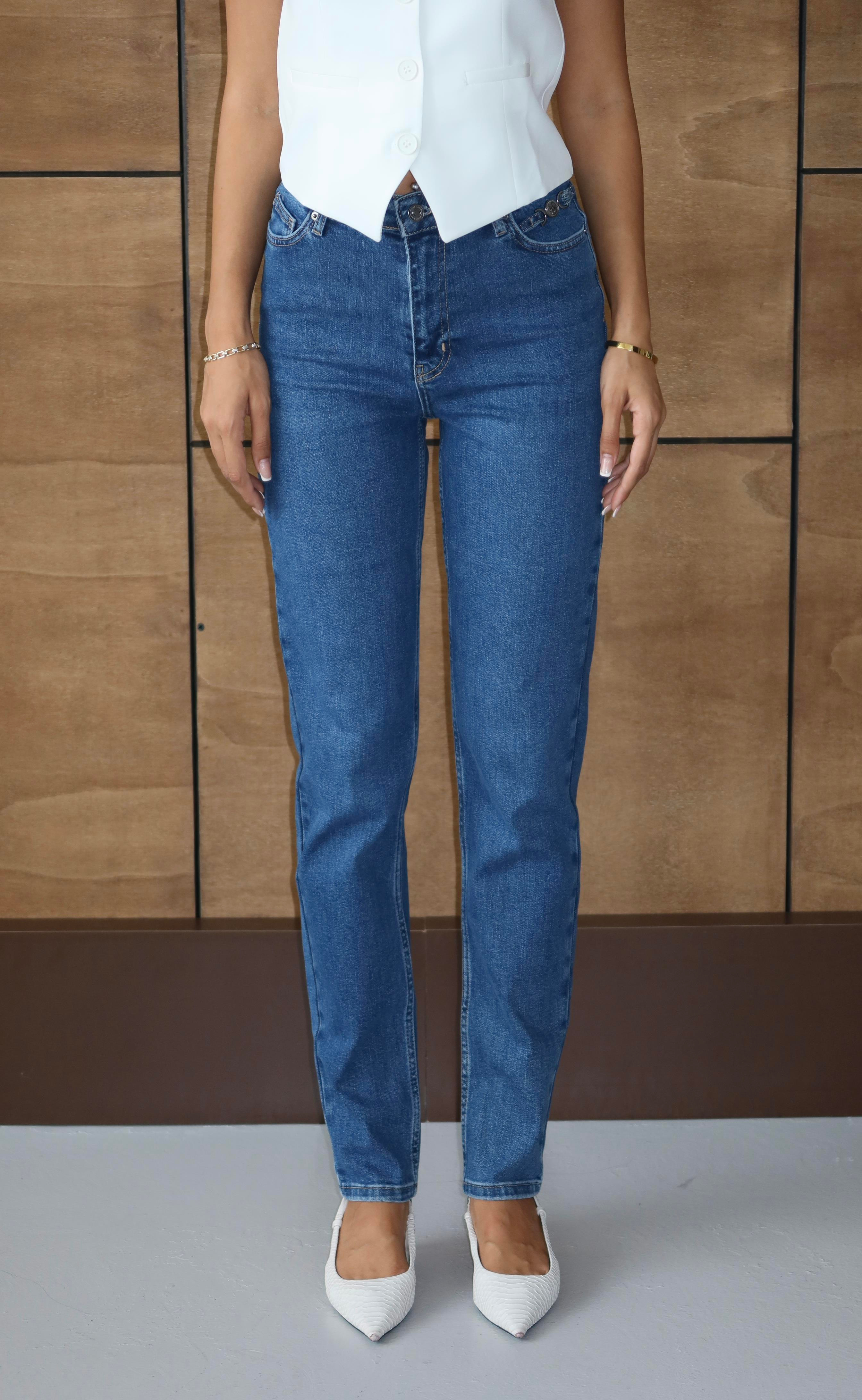 LACARINOYüksek Bel Klasik Kesim Dar Paça Blue Tokalı Jean Pantolon