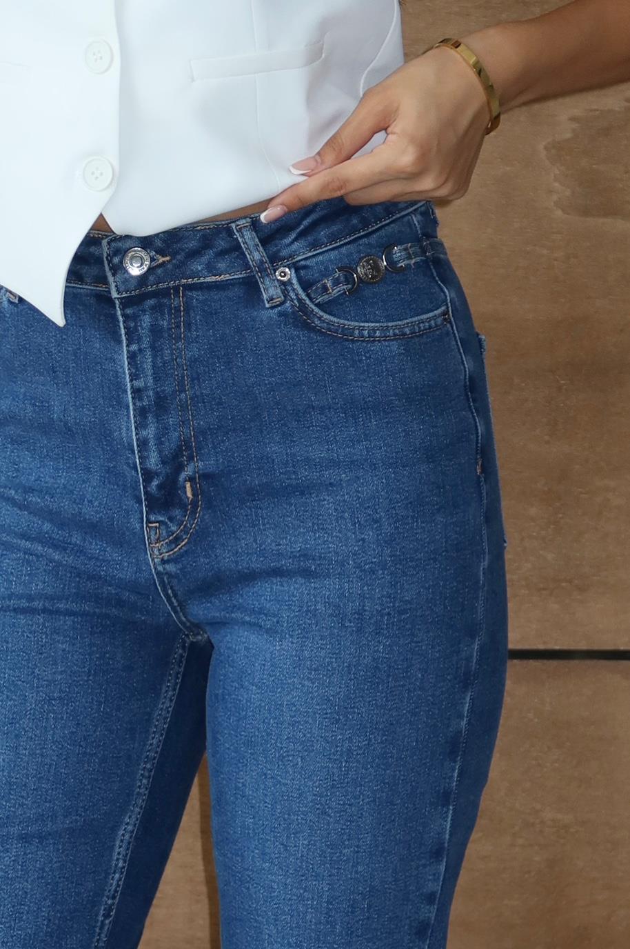 LACARINOYüksek Bel Klasik Kesim Dar Paça Blue Tokalı Jean Pantolon