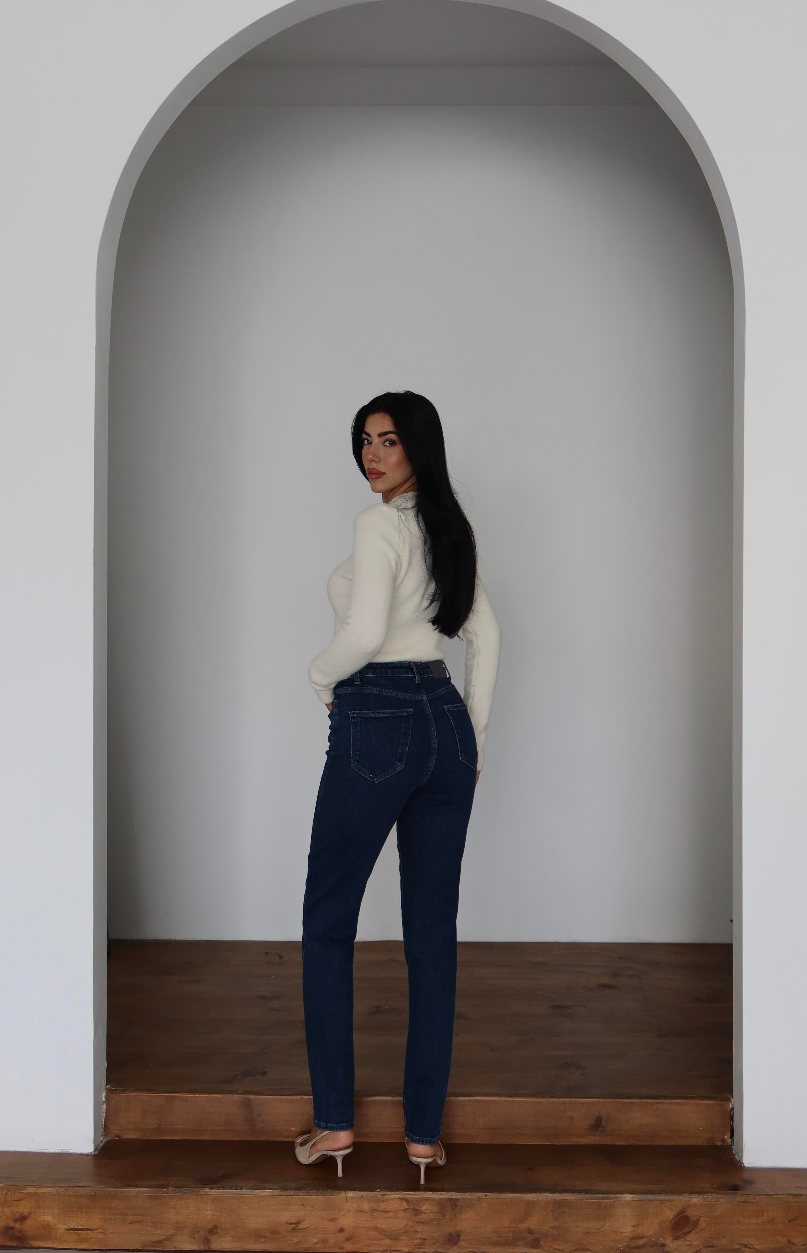 LACARINOYüksek Bel Klasik Kesim Dar Paça Dark Blue Jean Pantolon