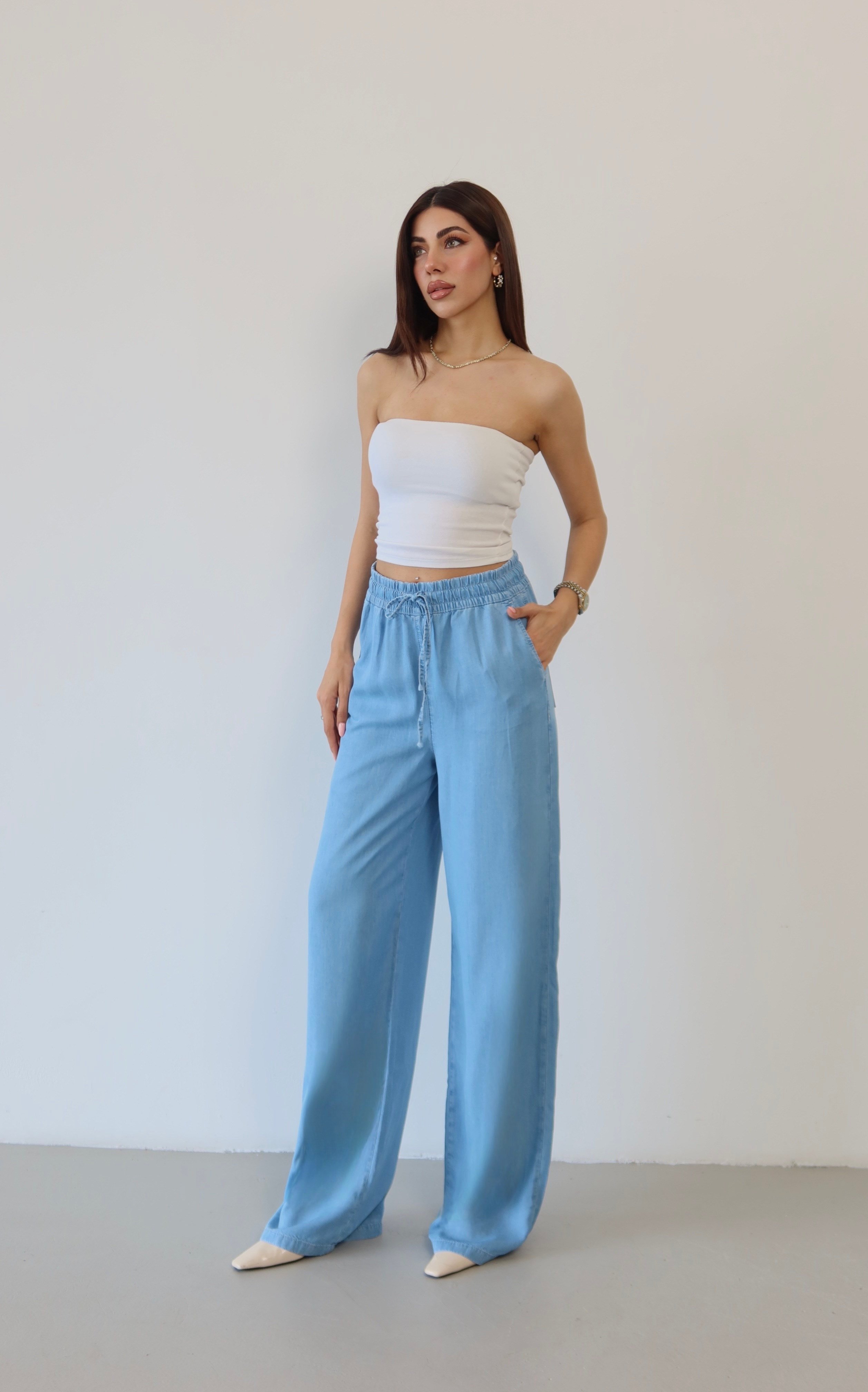 LACARINOYüksek Bel Bel Lastik Detaylı Palazzo Kesim Light Blue Pantolon