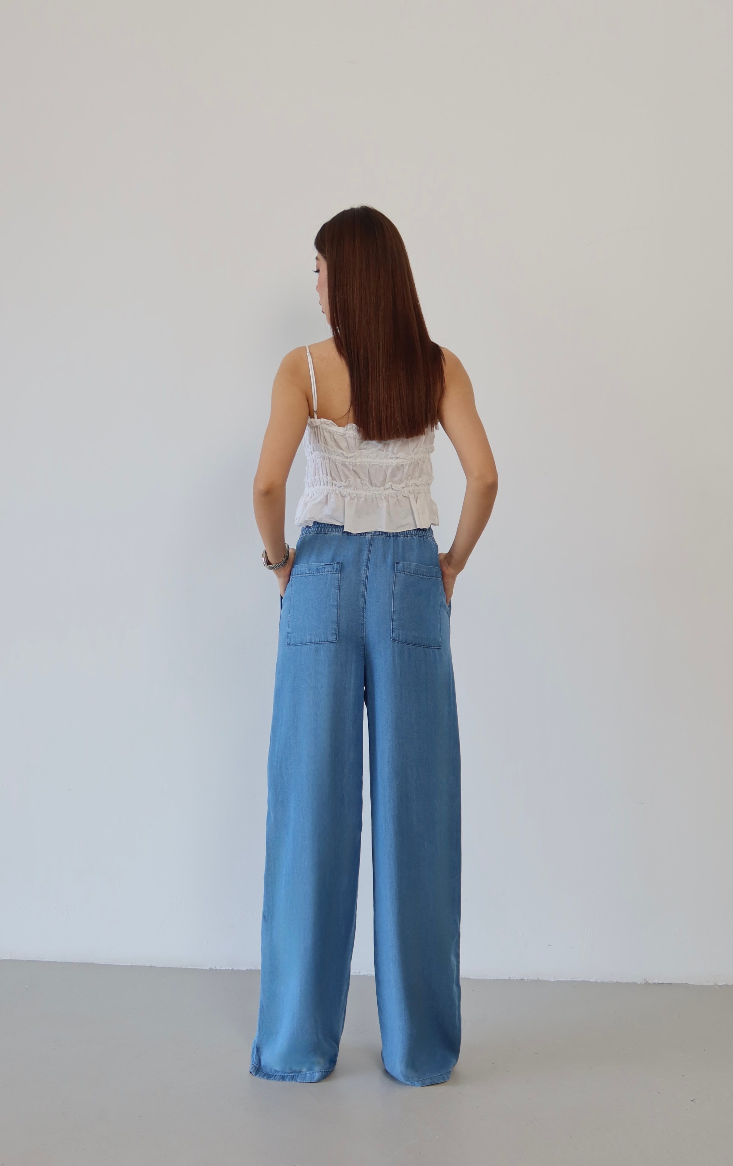 LACARINOYüksek Bel Bel Lastik Detaylı Palazzo Kesim Light Blue Pantolon