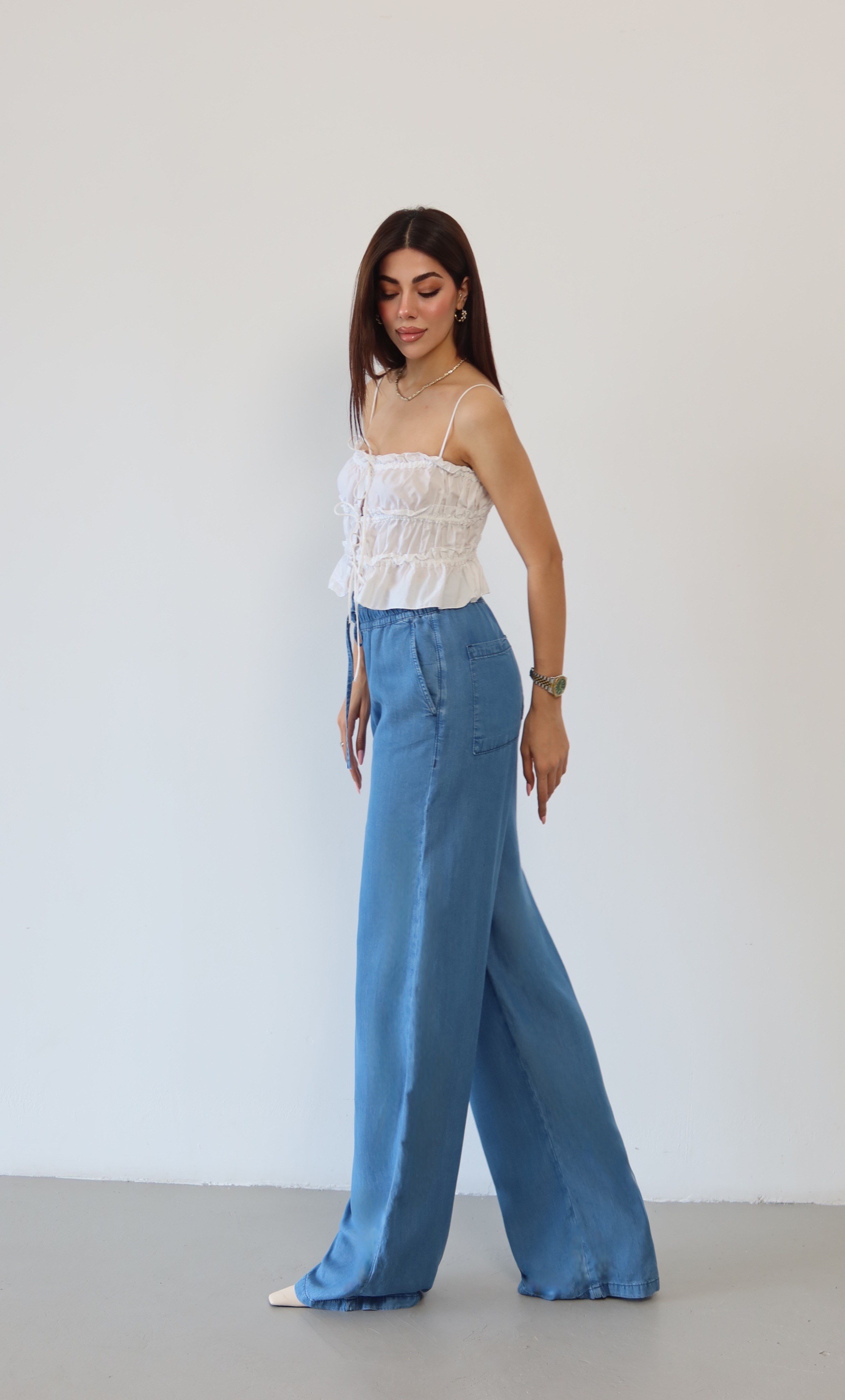 LACARINOYüksek Bel Bel Lastik Detaylı Palazzo Kesim Light Blue Pantolon