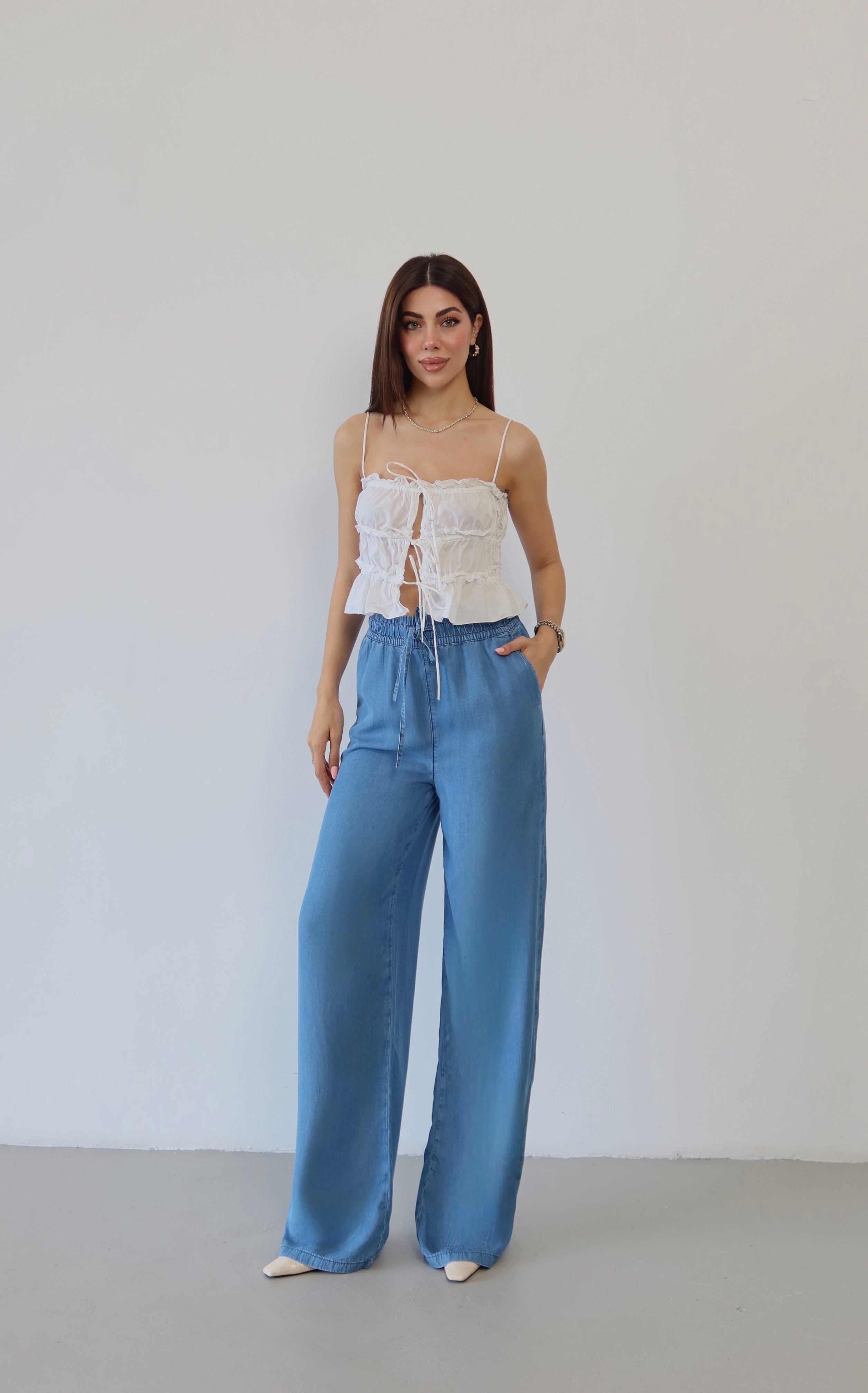 LACARINOYüksek Bel Bel Lastik Detaylı Palazzo Kesim Light Blue Pantolon