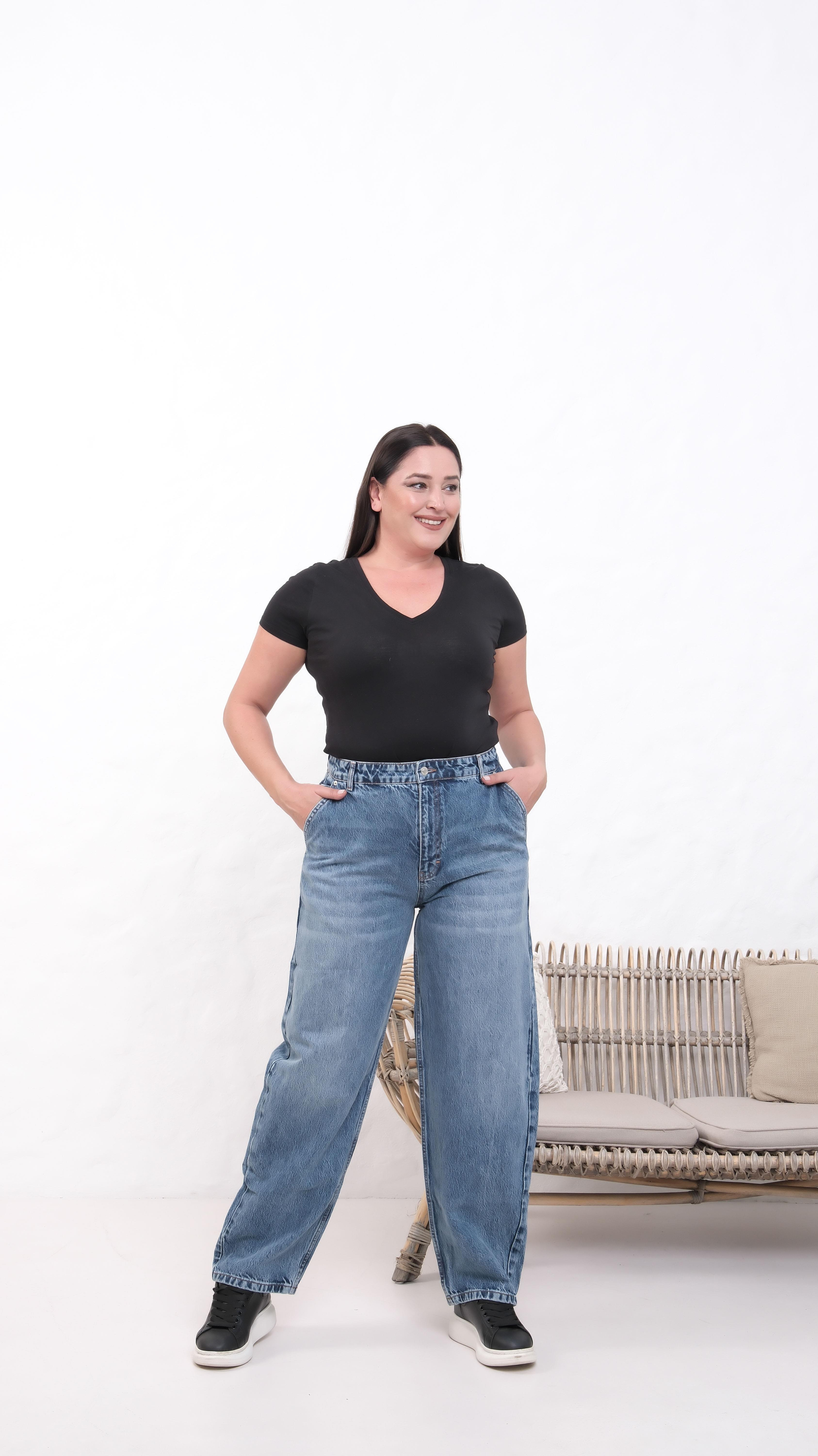 LACARINOYüksek Bel Battal Kesim Dark Blue Jean Pantolon