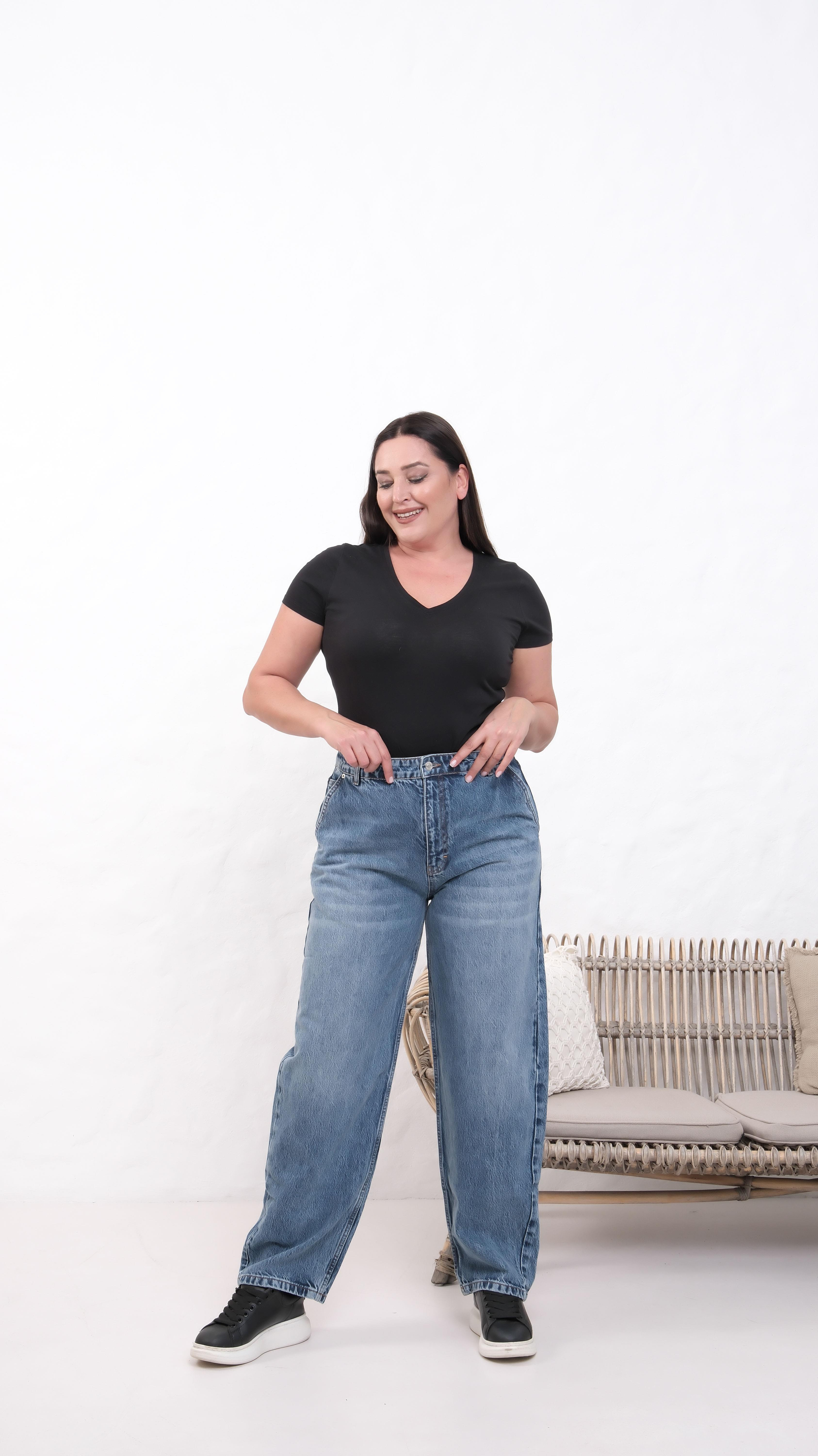 LACARINOYüksek Bel Battal Kesim Dark Blue Jean Pantolon
