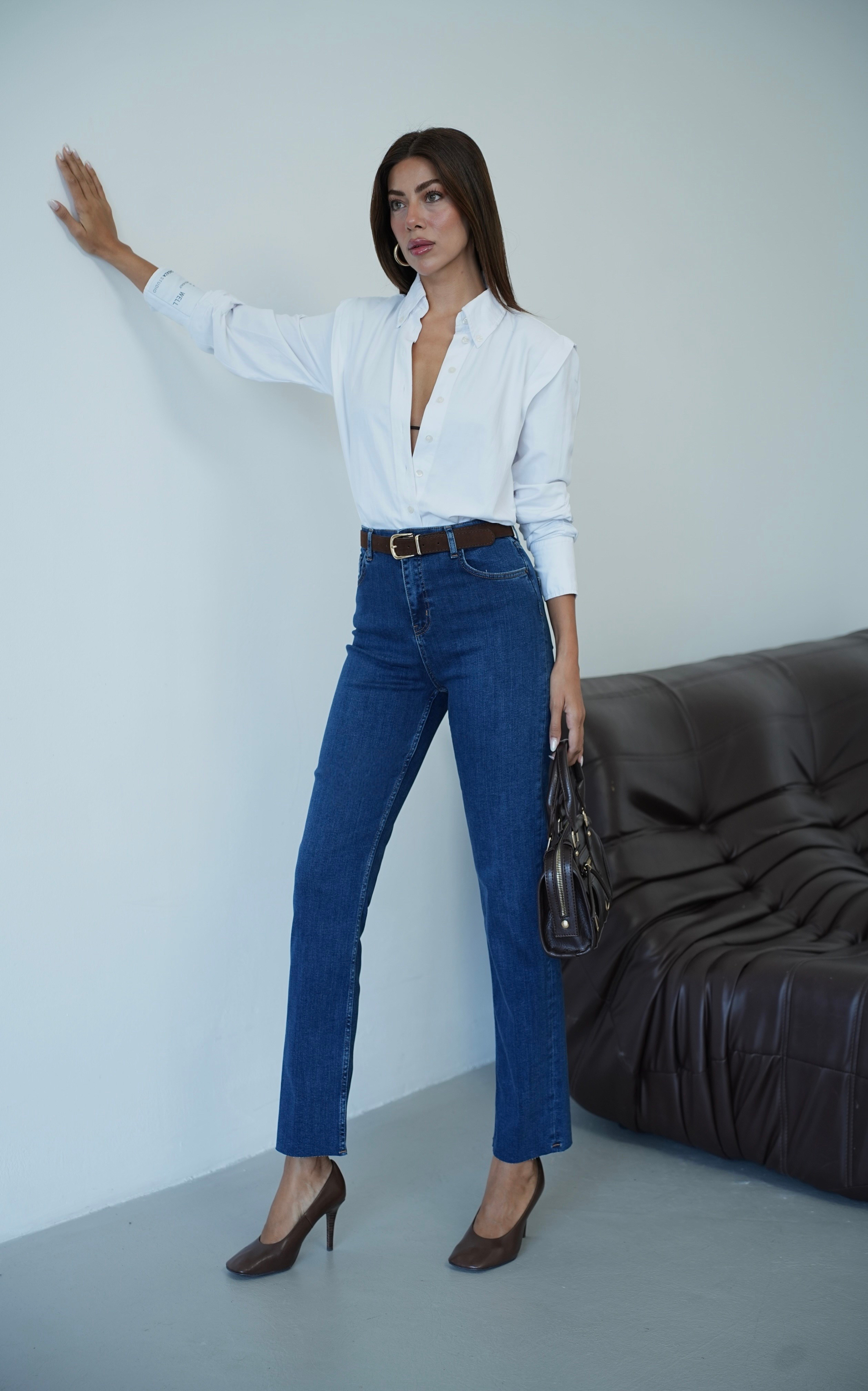 LACARINOYüksek Bel Paça Kesik Kemer Detaylı Kadın Dark Blue Jean Pantolon