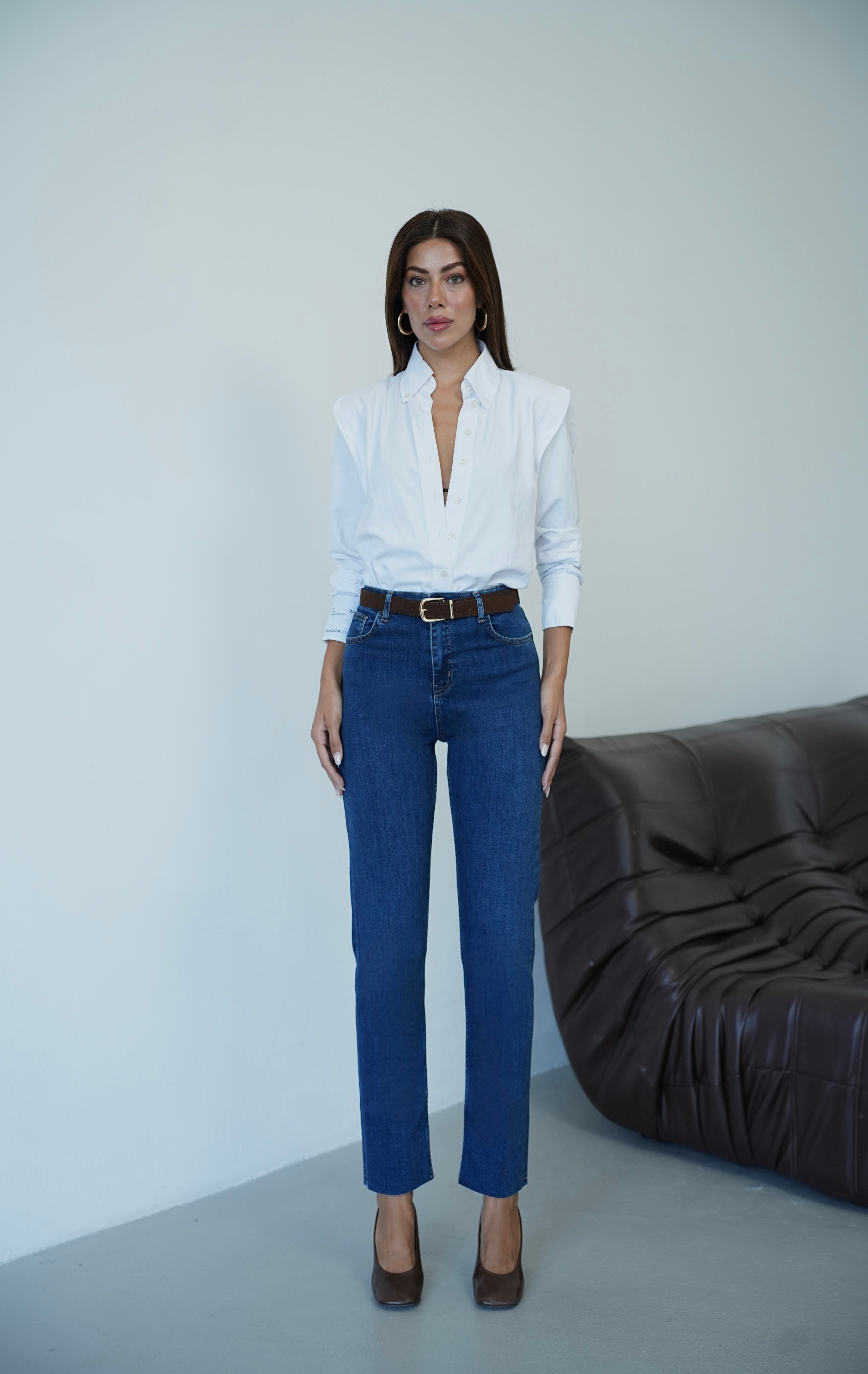 LACARINOYüksek Bel Paça Kesik Kemer Detaylı Kadın Dark Blue Jean Pantolon