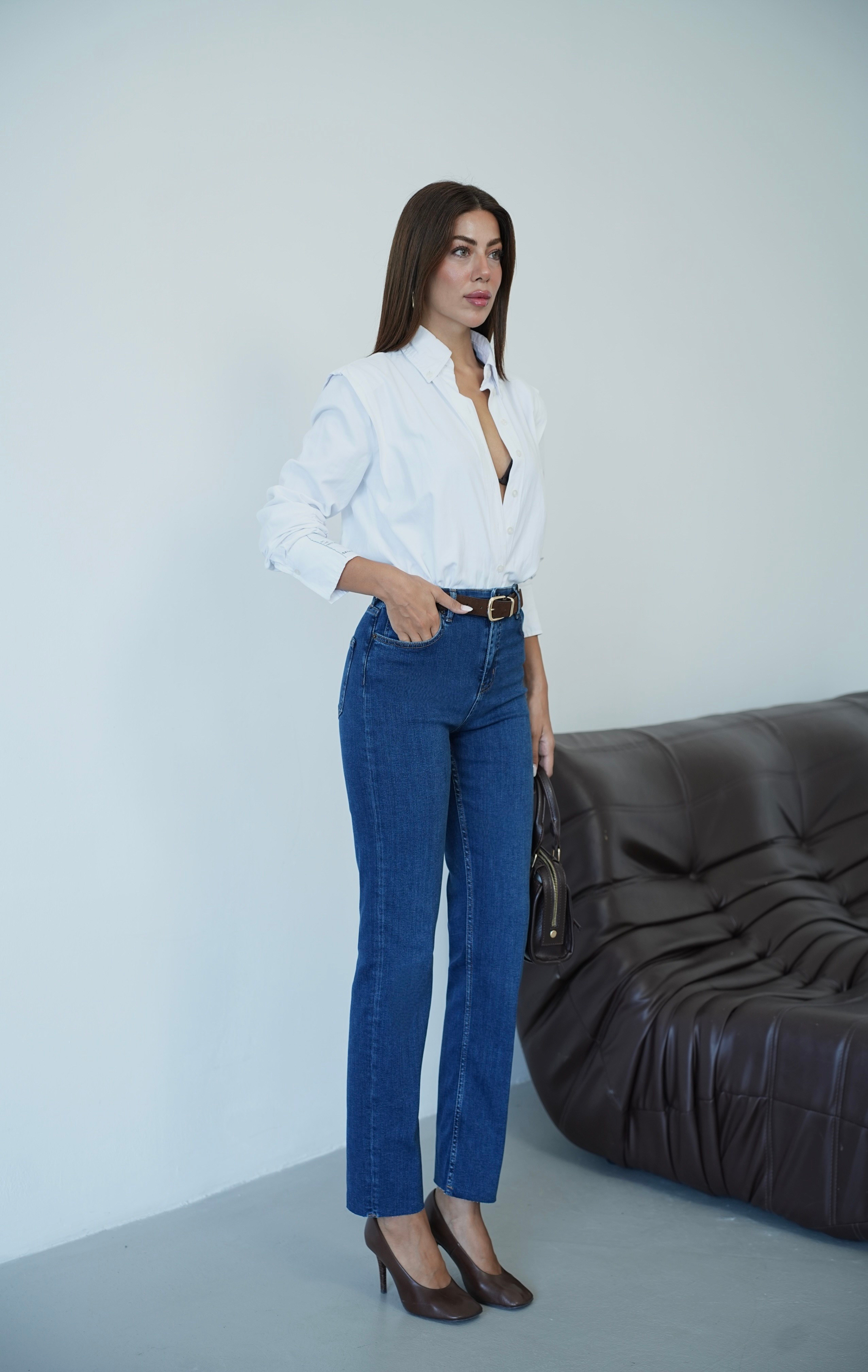 LACARINOYüksek Bel Paça Kesik Kemer Detaylı Kadın Dark Blue Jean Pantolon
