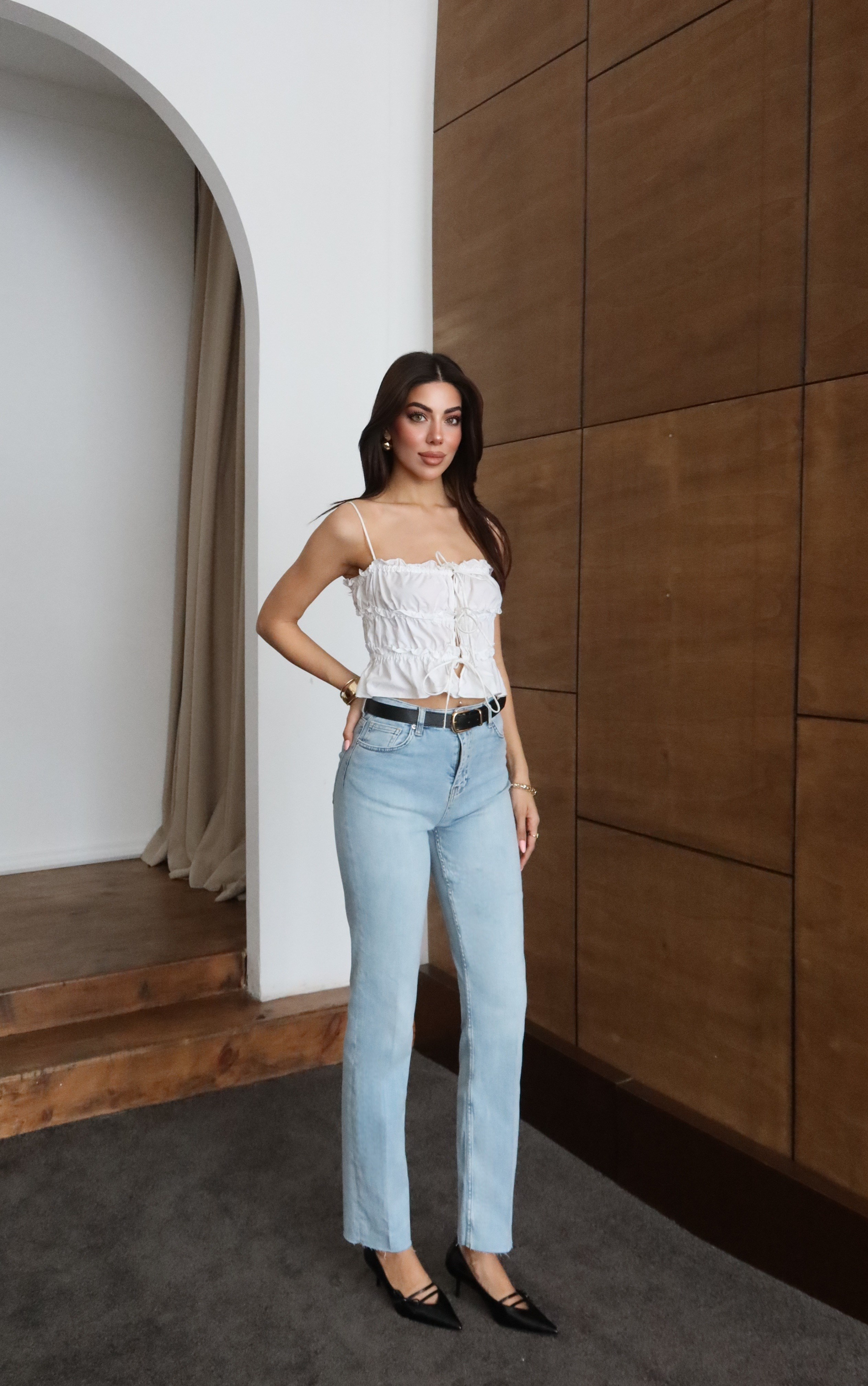 LACARINOYüksek Bel Paça Kesik Detaylı Light Blue Kemerli Jean Pantolon