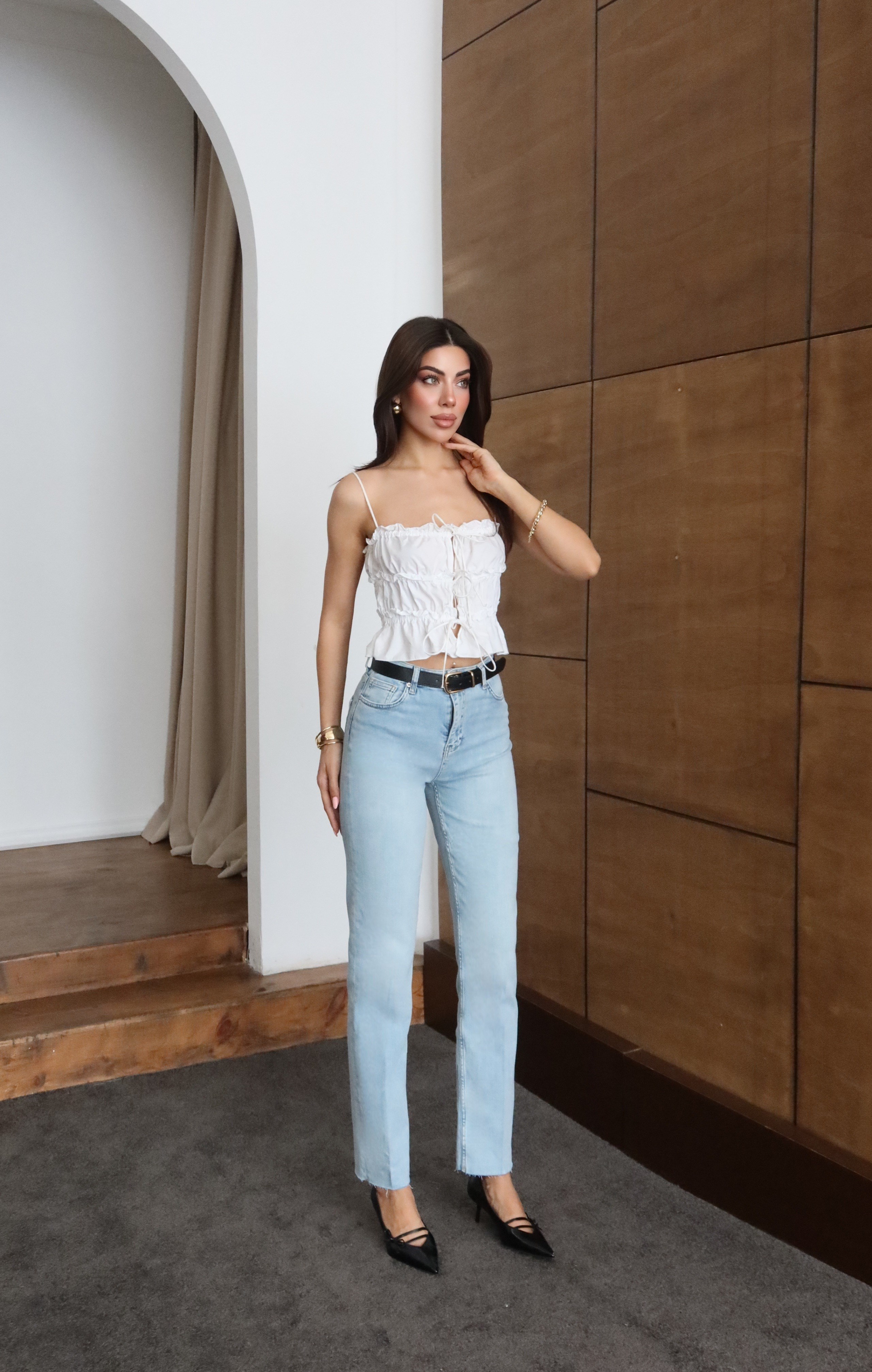 LACARINOYüksek Bel Paça Kesik Detaylı Light Blue Kemerli Jean Pantolon