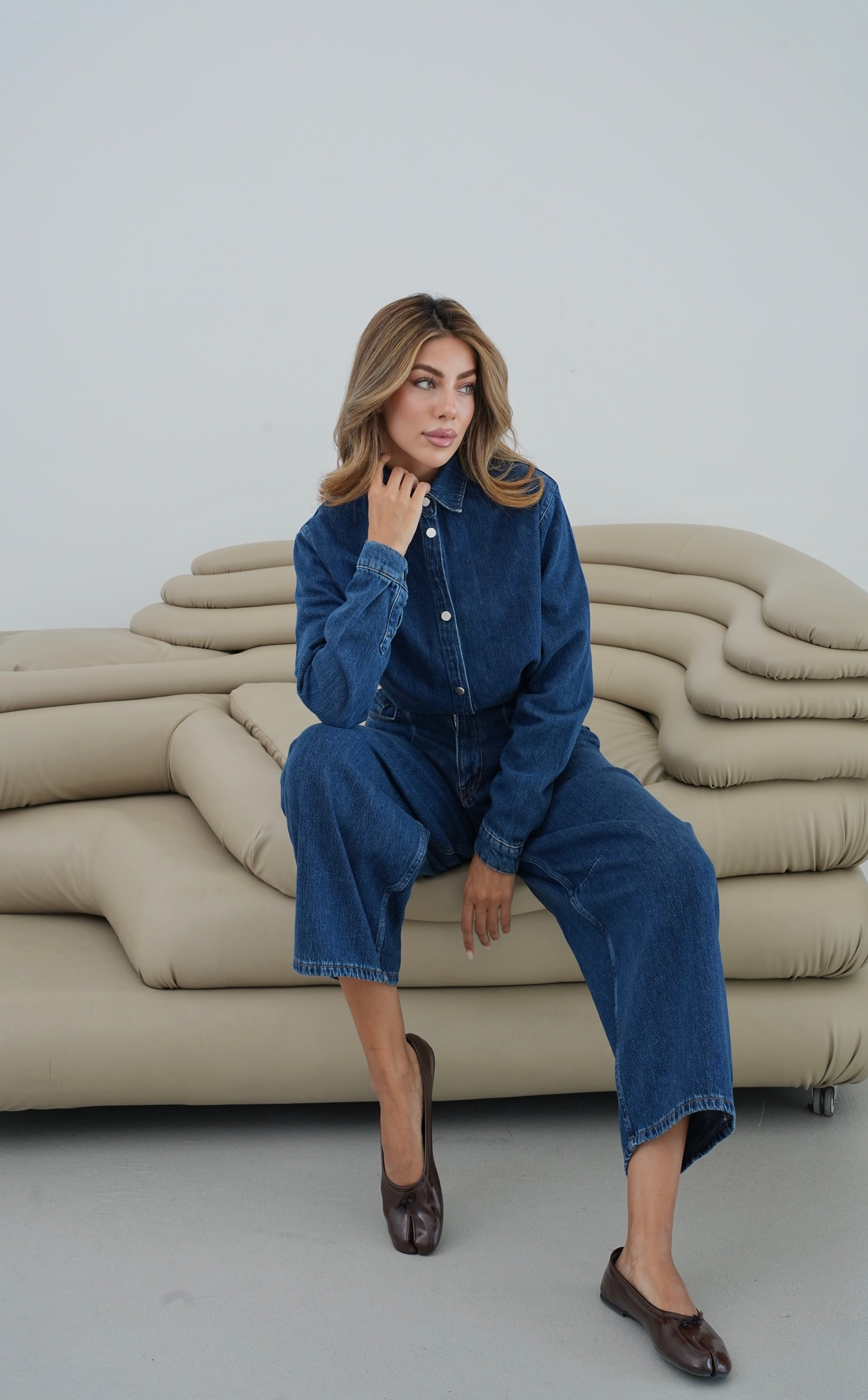 LACARINOBalon Kalıp Pantolon 5 Düğmeli Gömlek Dark Blue Jean Takım 