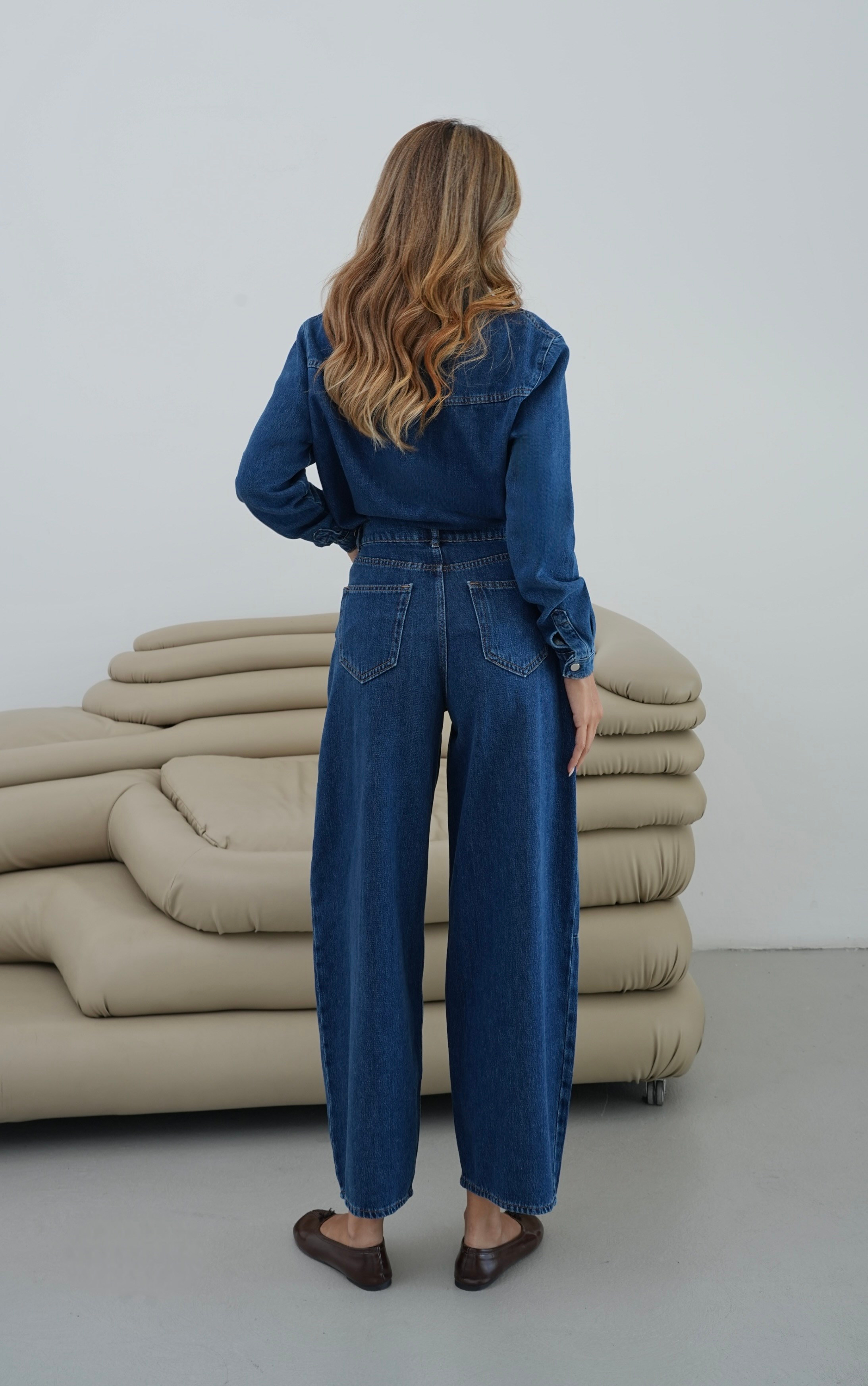LACARINOBalon Kalıp Pantolon 5 Düğmeli Gömlek Dark Blue Jean Takım 