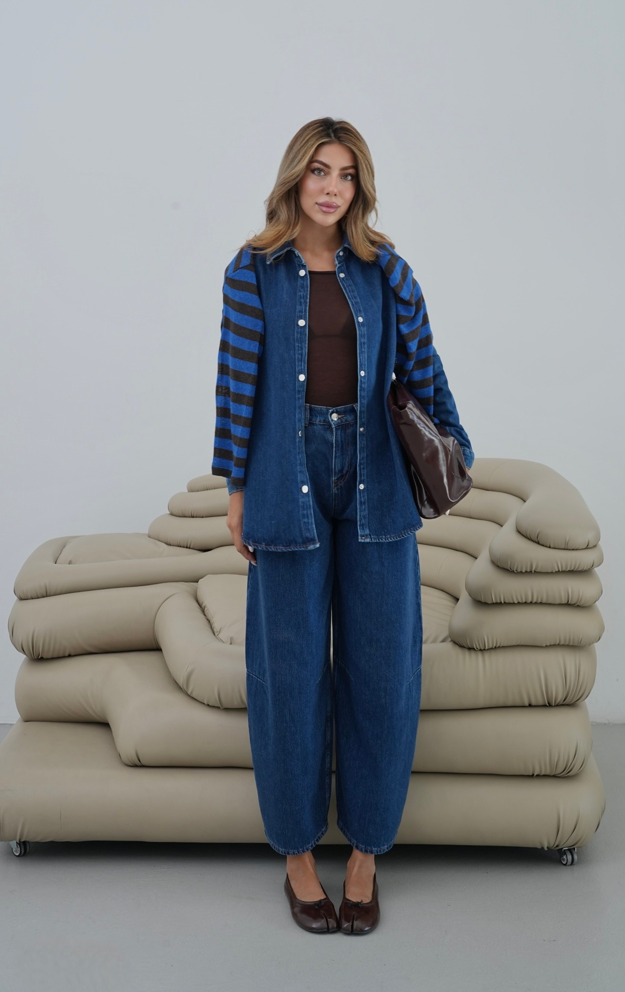 LACARINOBalon Kalıp Pantolon 5 Düğmeli Gömlek Dark Blue Jean Takım 