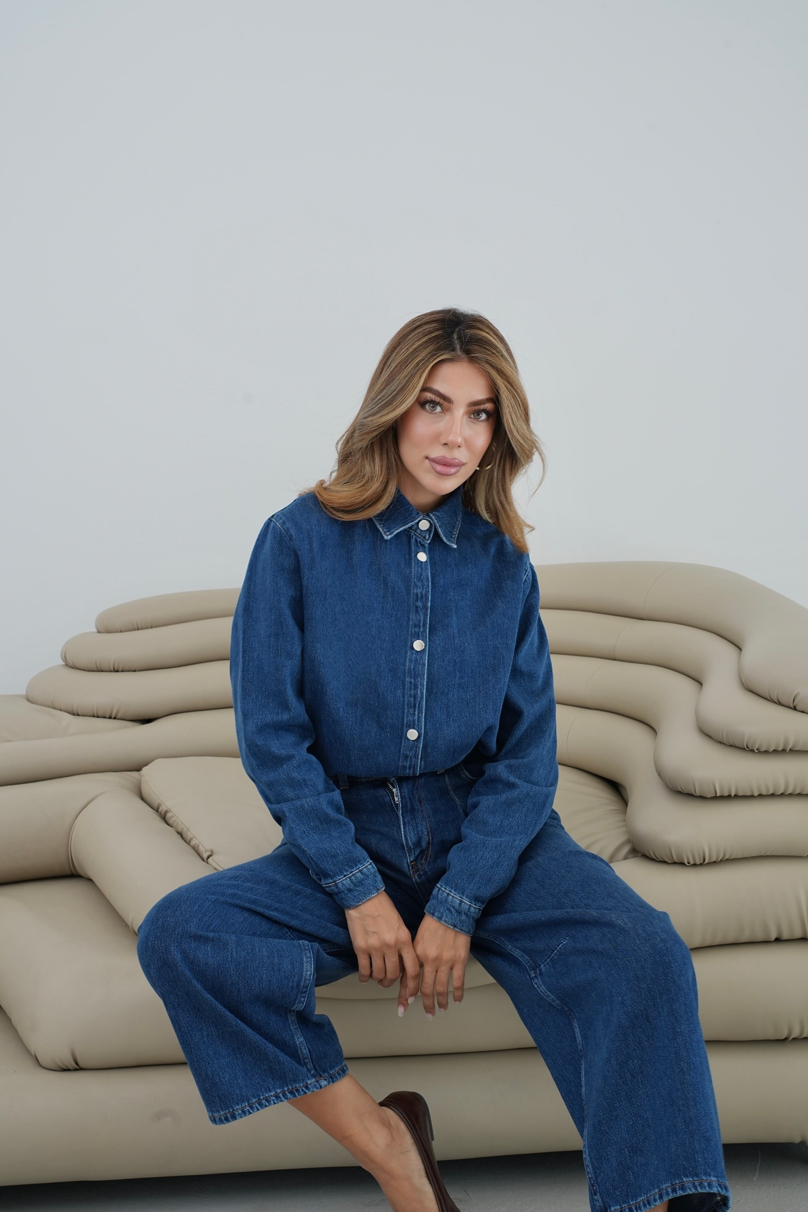 LACARINOBalon Kalıp Pantolon 5 Düğmeli Gömlek Dark Blue Jean Takım 