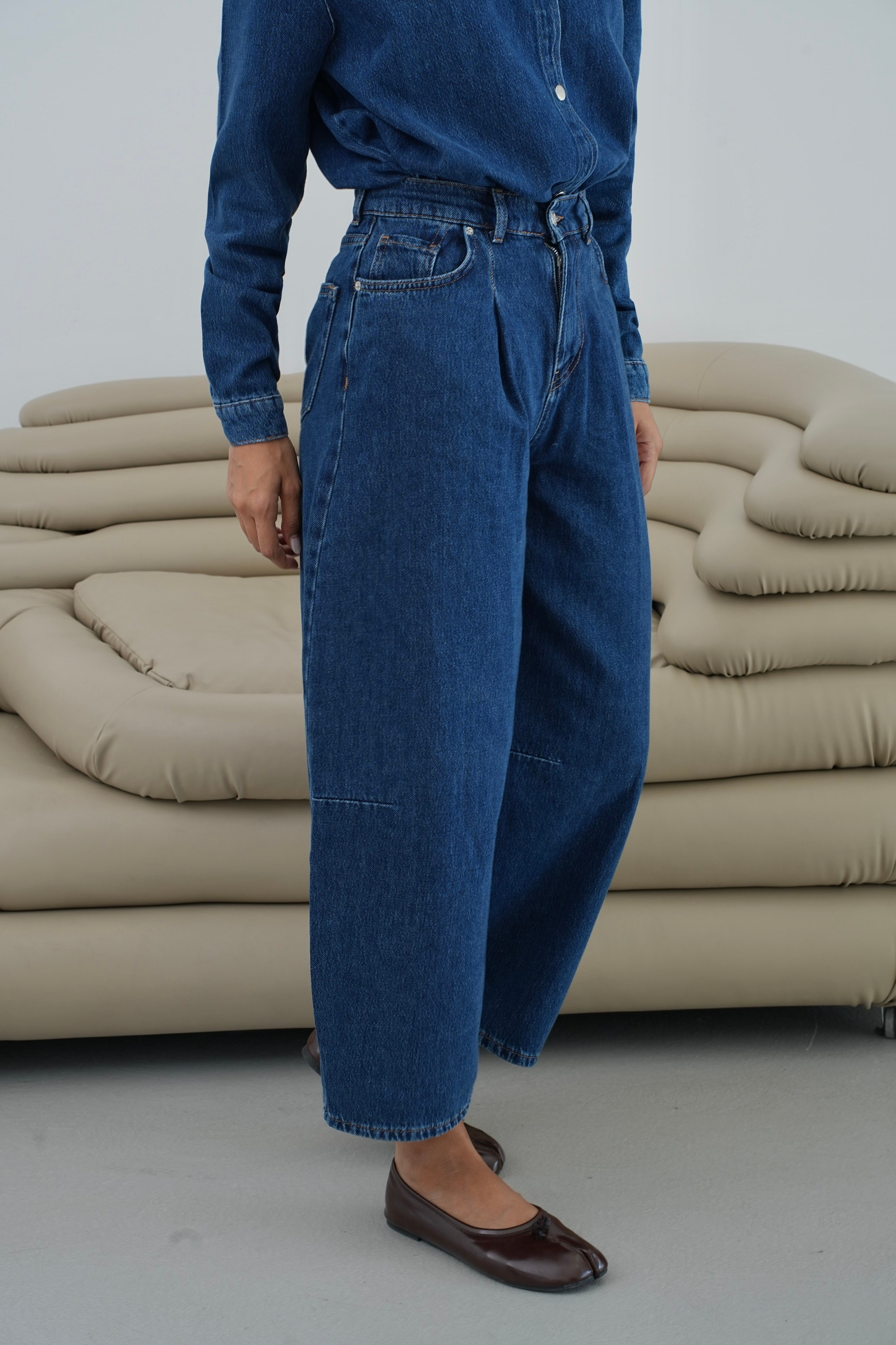 LACARINOBalon Kalıp Pantolon 5 Düğmeli Gömlek Dark Blue Jean Takım 