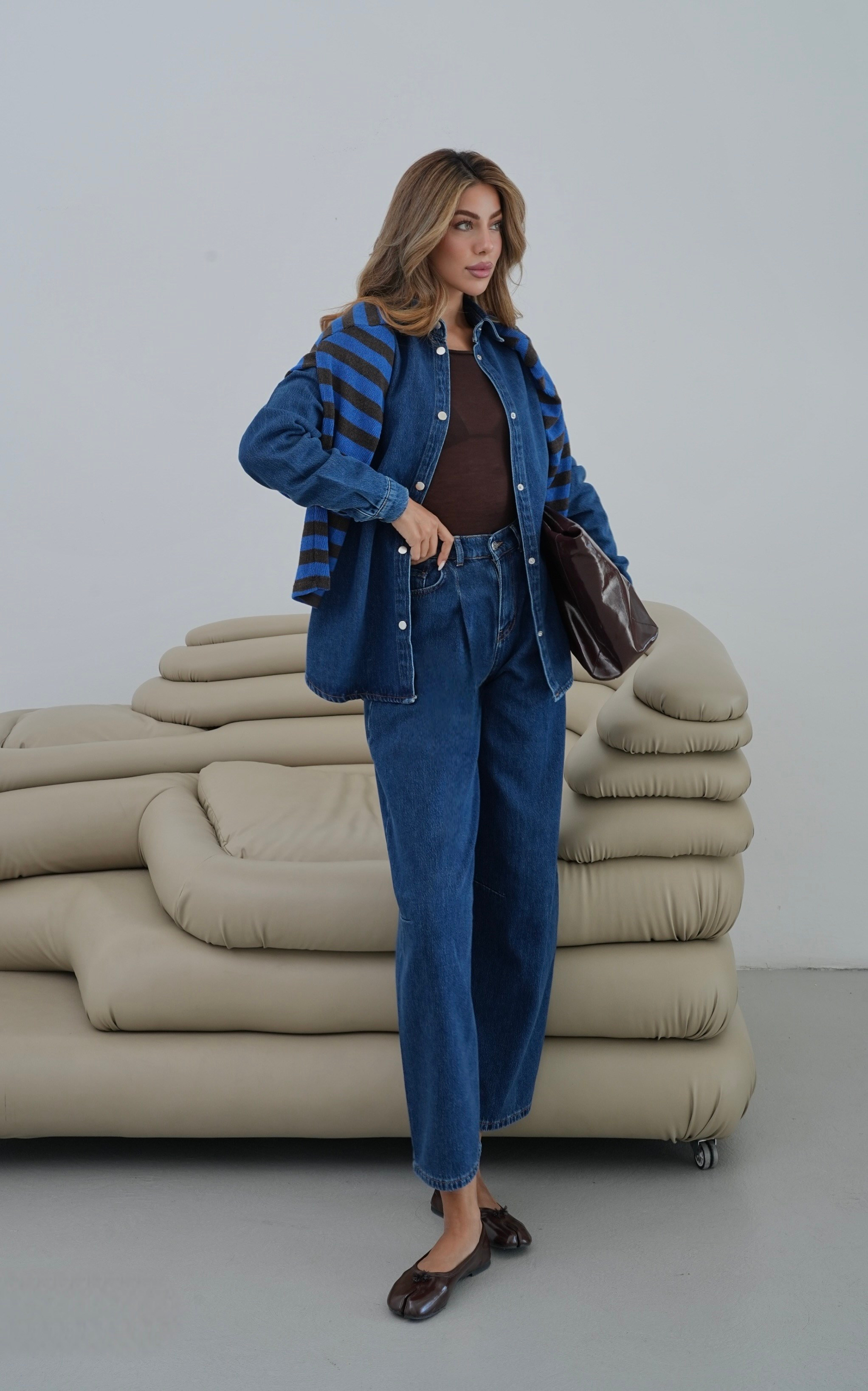 LACARINOBalon Kalıp Pantolon 5 Düğmeli Gömlek Dark Blue Jean Takım 