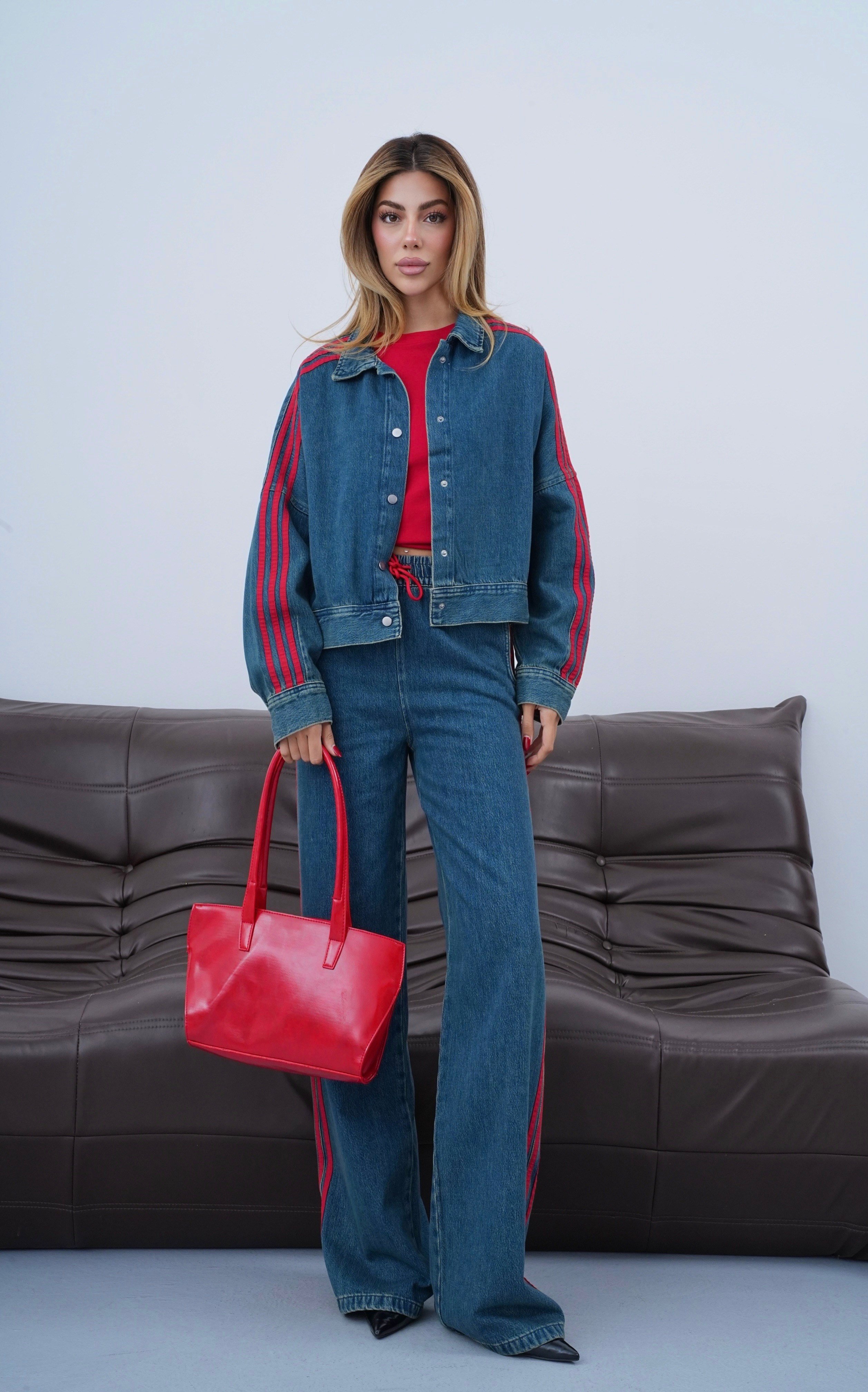 LACARINOYanlar Kırmızı Şerit Detaylı Wide Leg Kalıp Bel Lastikli Pantolon Gömlek Görünüm Ceket Dark Blue Tint Jean Takım
