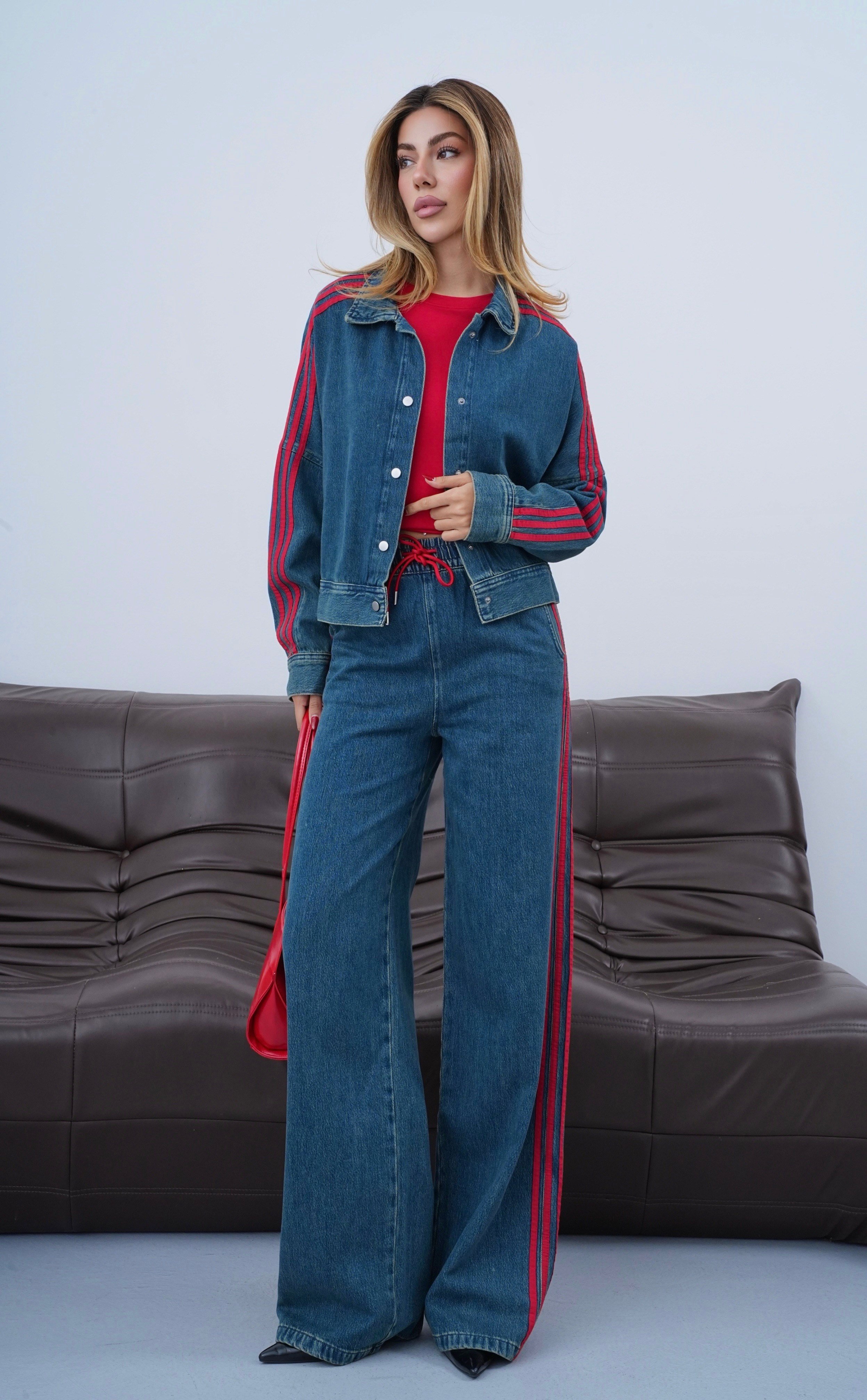 LACARINOYanlar Kırmızı Şerit Detaylı Wide Leg Kalıp Bel Lastikli Pantolon Gömlek Görünüm Ceket Dark Blue Tint Jean Takım