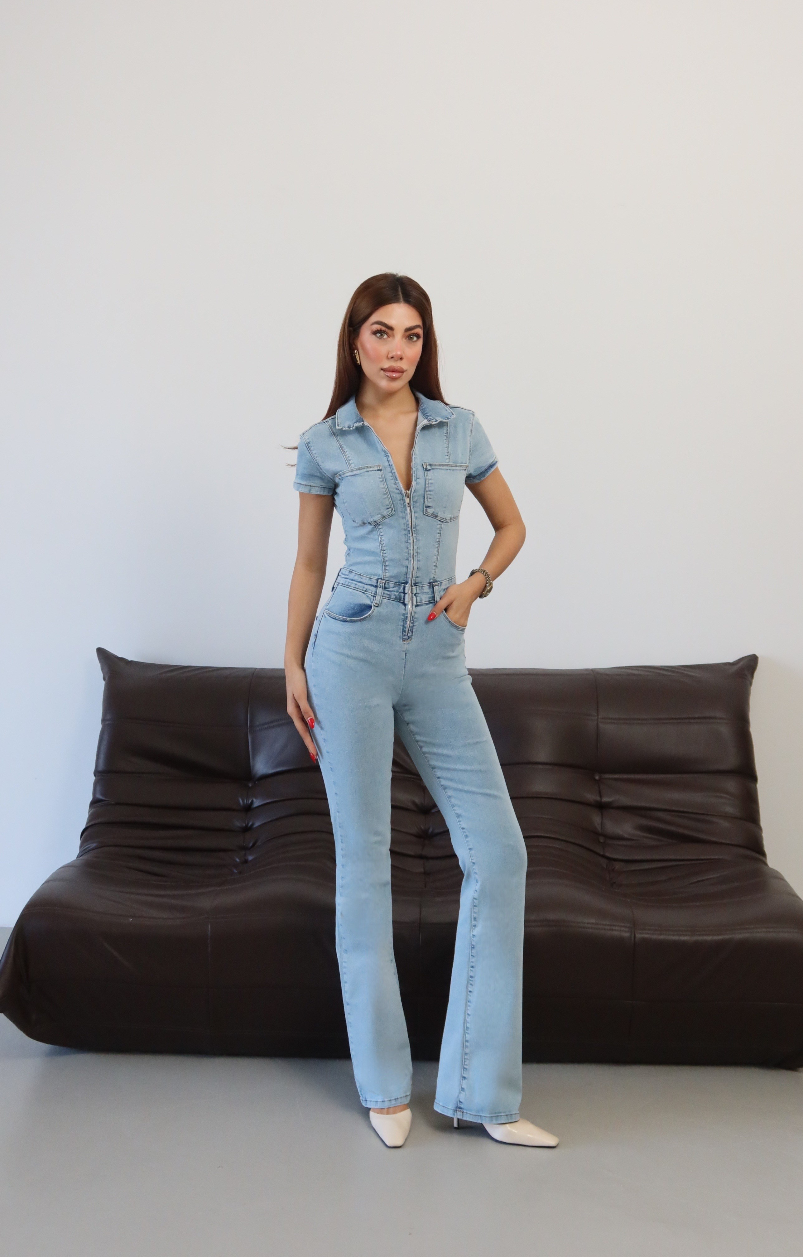 LACARINOGömlek Yaka Ön Fermuar Detaylı Light Blue Denim Tulum