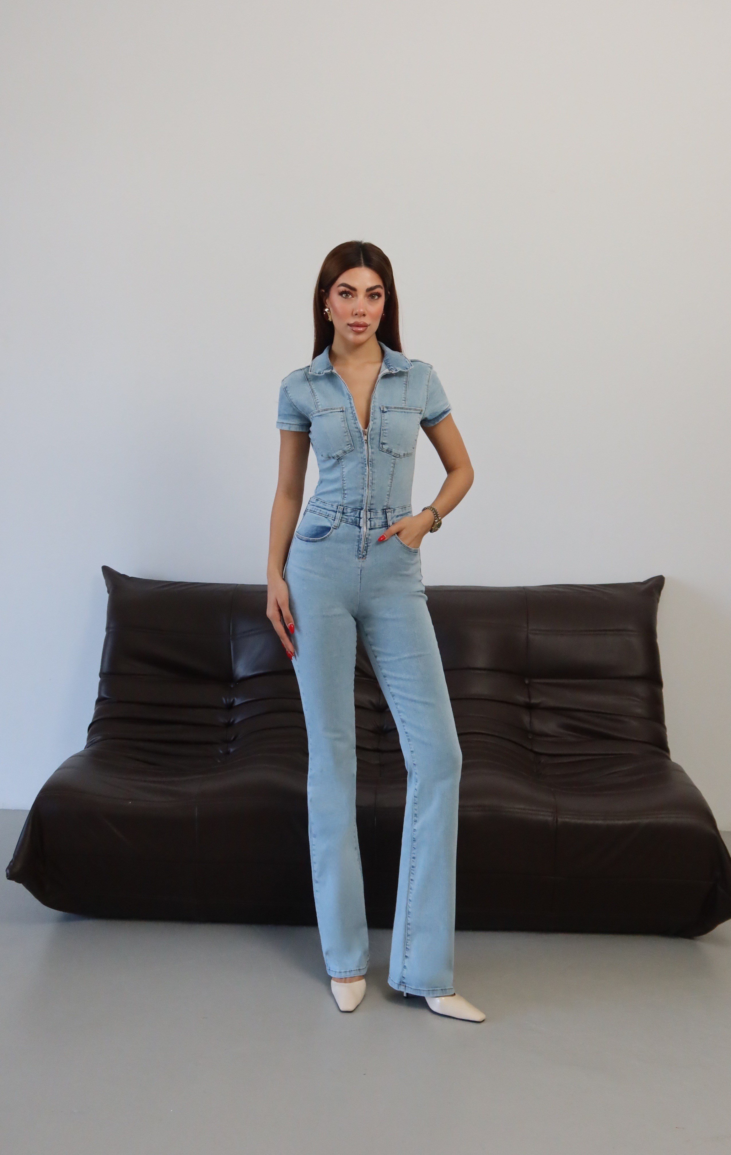 LACARINOGömlek Yaka Ön Fermuar Detaylı Light Blue Denim Tulum