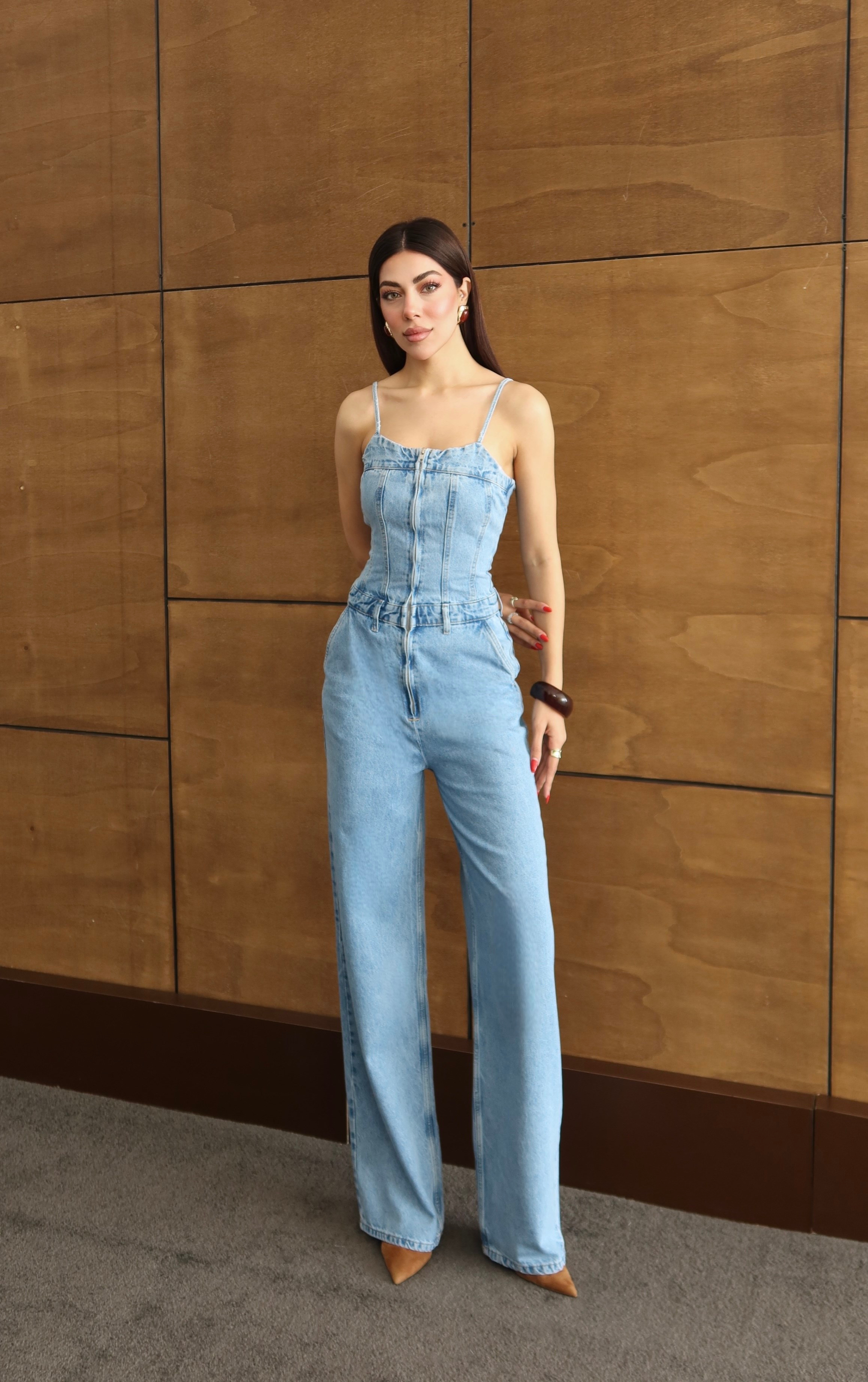 LACARINOİp Askılı Sırt Gipe Detaylı Light Blue Jean Tulum 