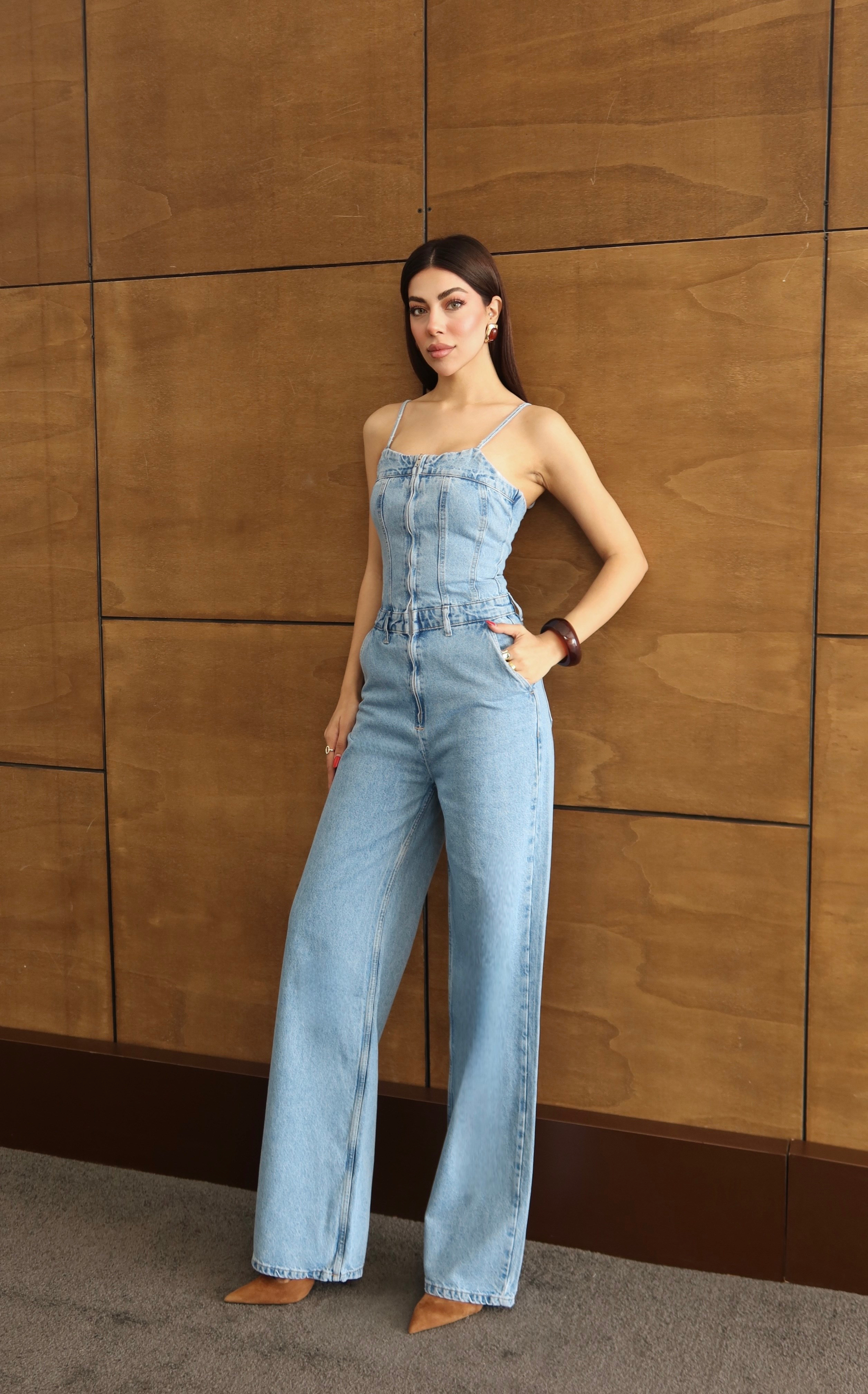 LACARINOİp Askılı Sırt Gipe Detaylı Light Blue Jean Tulum 
