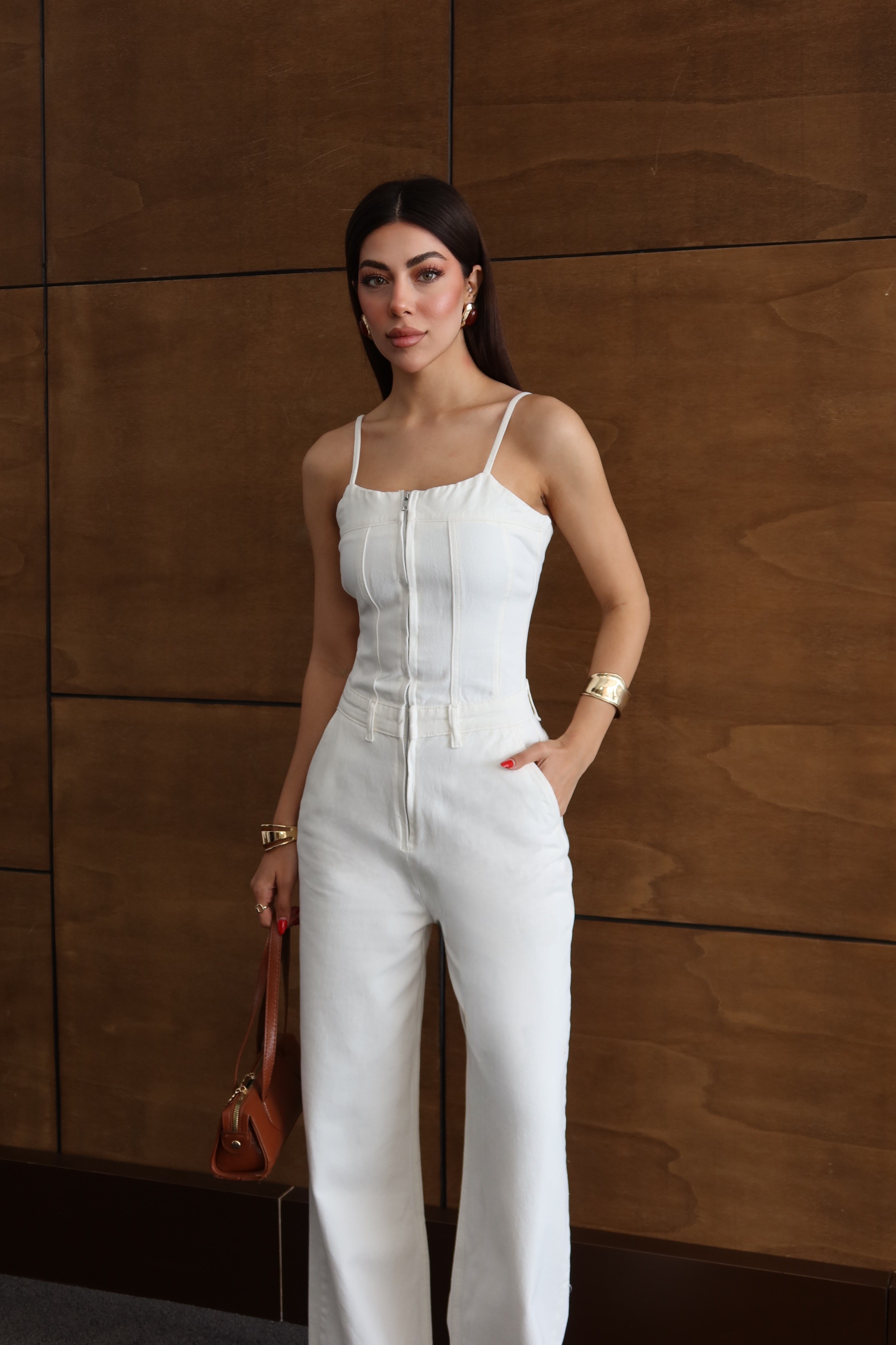 LACARINOİp Askılı Sırt Gipeli Ekru Jean Tulum 