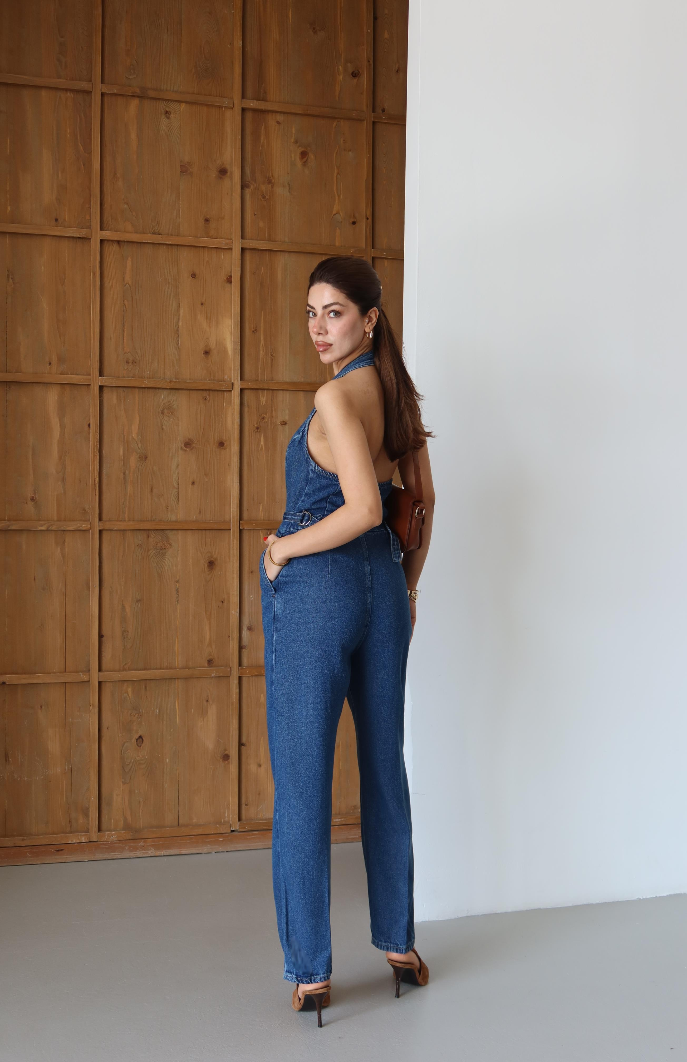 LACARINOÖn Düğmeli Boyun Kısmı Düğme Detaylı Belde Ayar Kemer Detayı Blue Tencel Tulum 