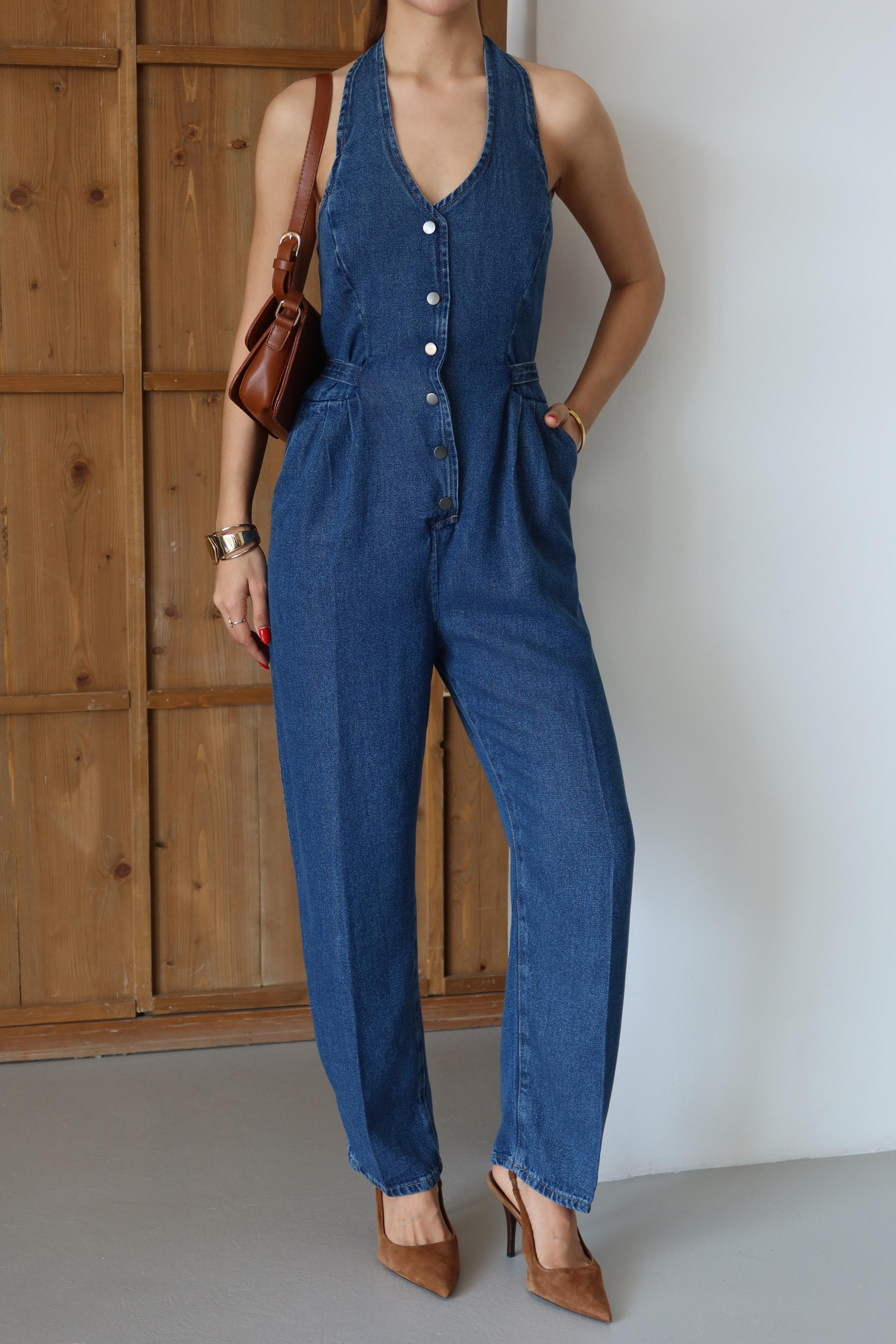 LACARINOÖn Düğmeli Boyun Kısmı Düğme Detaylı Belde Ayar Kemer Detayı Blue Tencel Tulum 