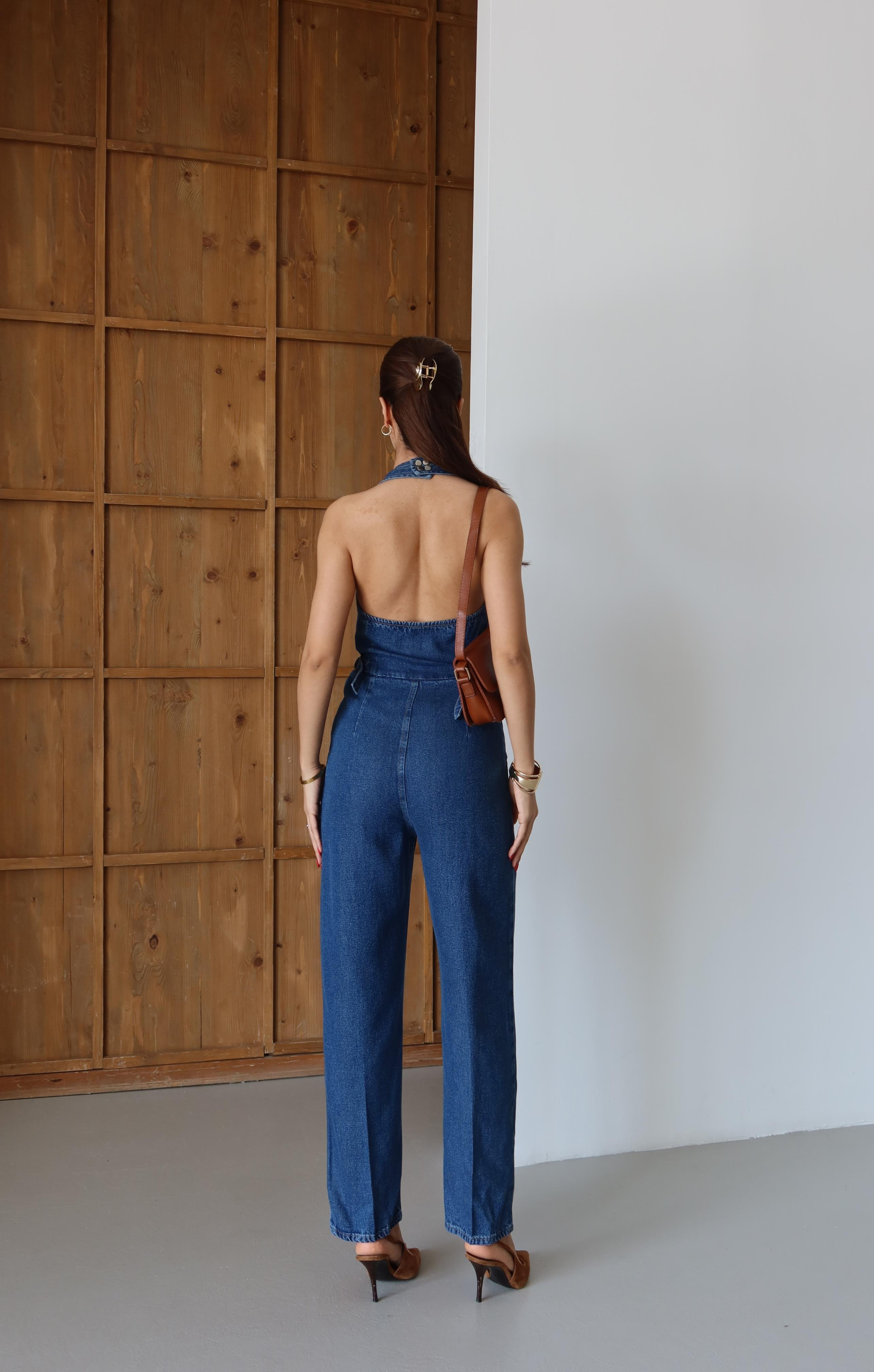 LACARINOÖn Düğmeli Boyun Kısmı Düğme Detaylı Belde Ayar Kemer Detayı Blue Tencel Tulum 