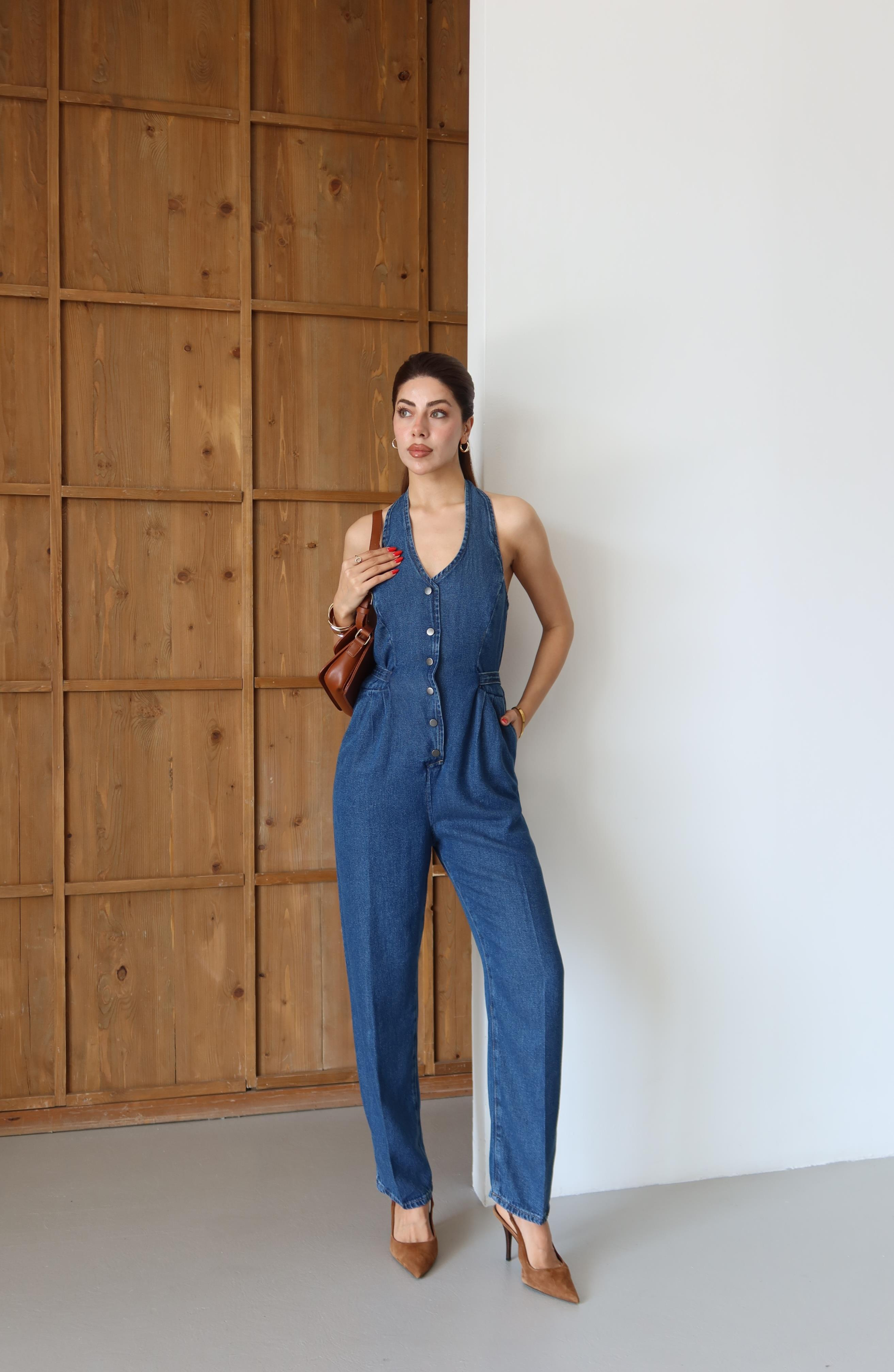 LACARINOÖn Düğmeli Boyun Kısmı Düğme Detaylı Belde Ayar Kemer Detayı Blue Tencel Tulum 