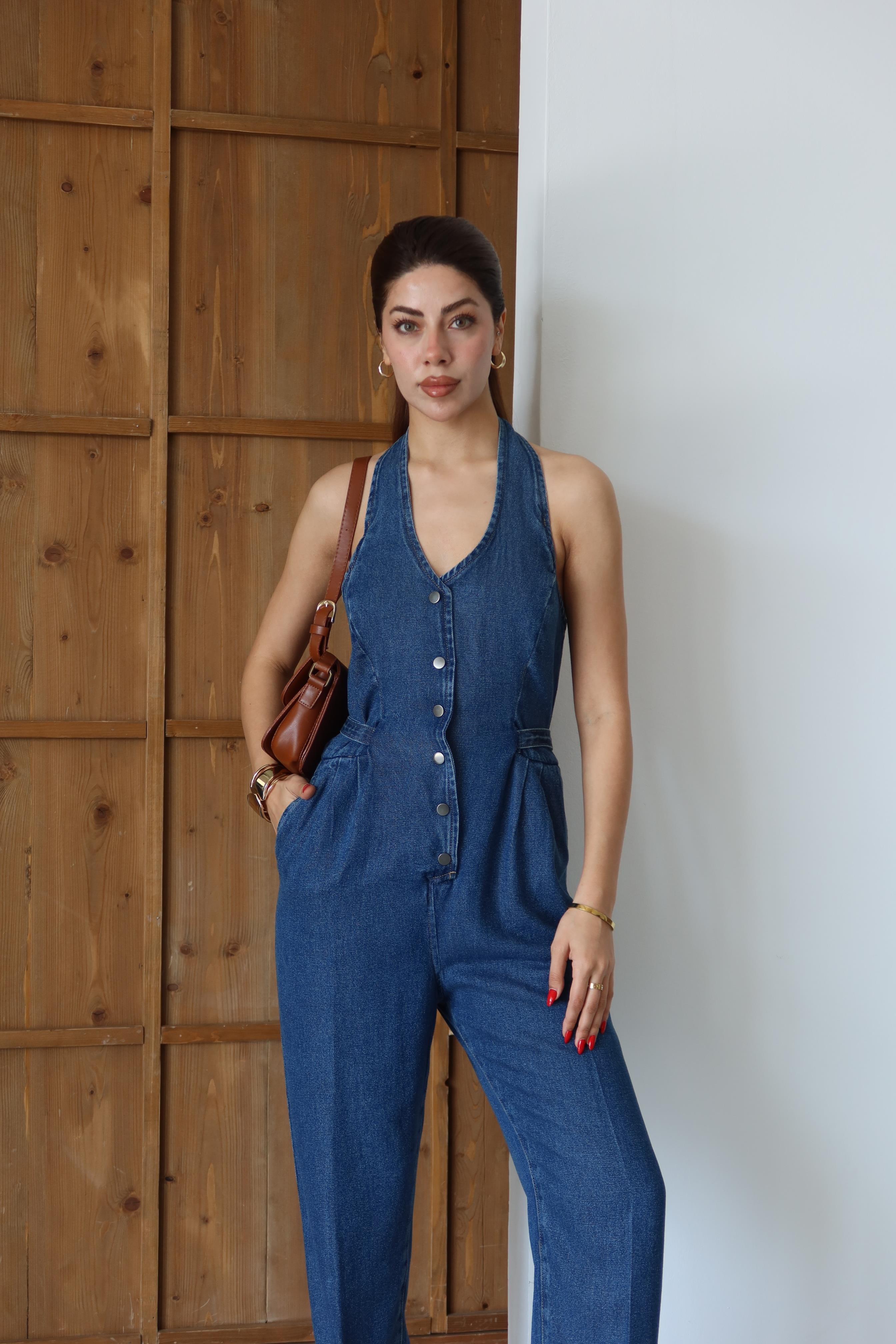 LACARINOÖn Düğmeli Boyun Kısmı Düğme Detaylı Belde Ayar Kemer Detayı Blue Tencel Tulum 