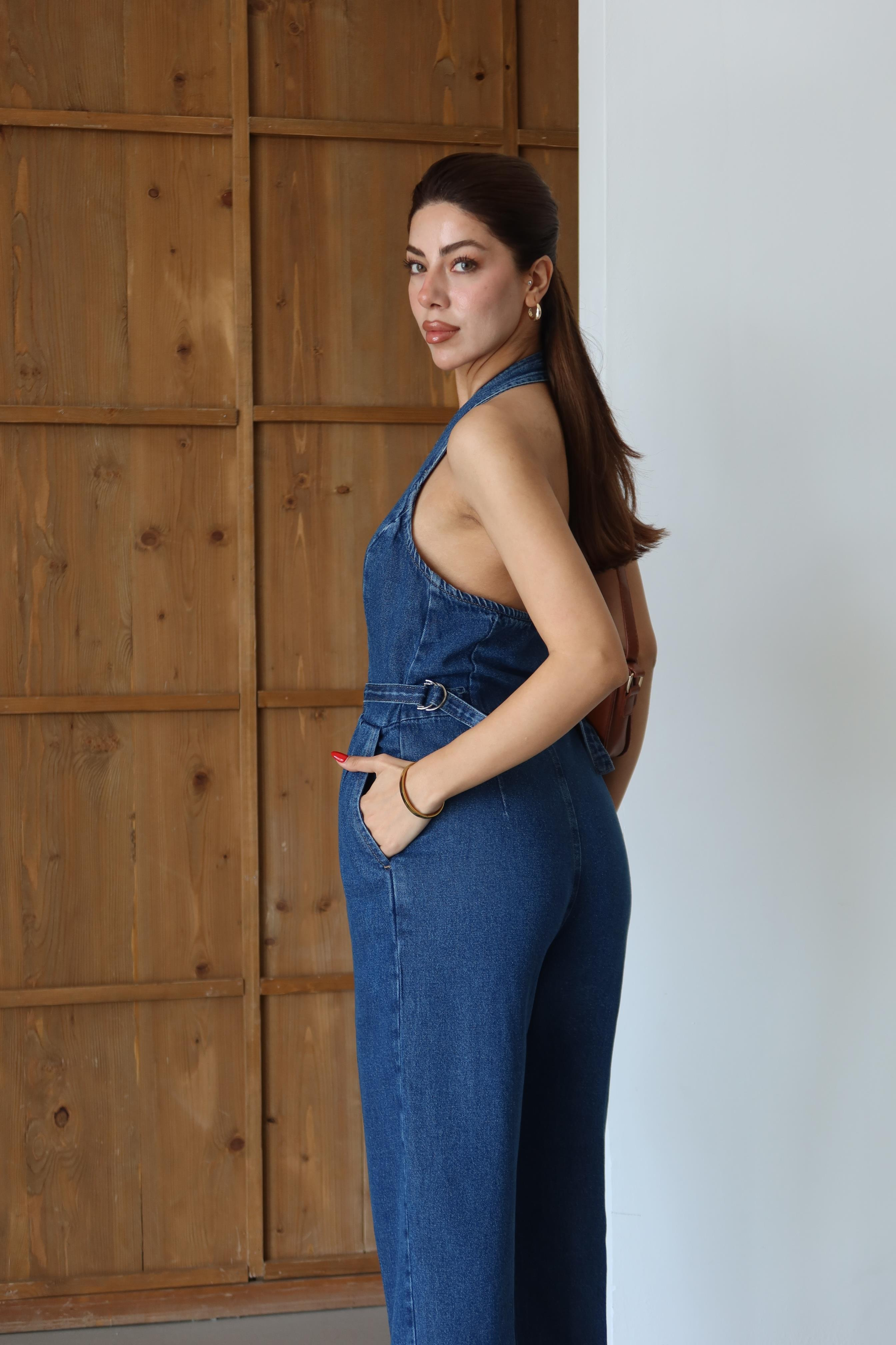 LACARINOÖn Düğmeli Boyun Kısmı Düğme Detaylı Belde Ayar Kemer Detayı Blue Tencel Tulum 