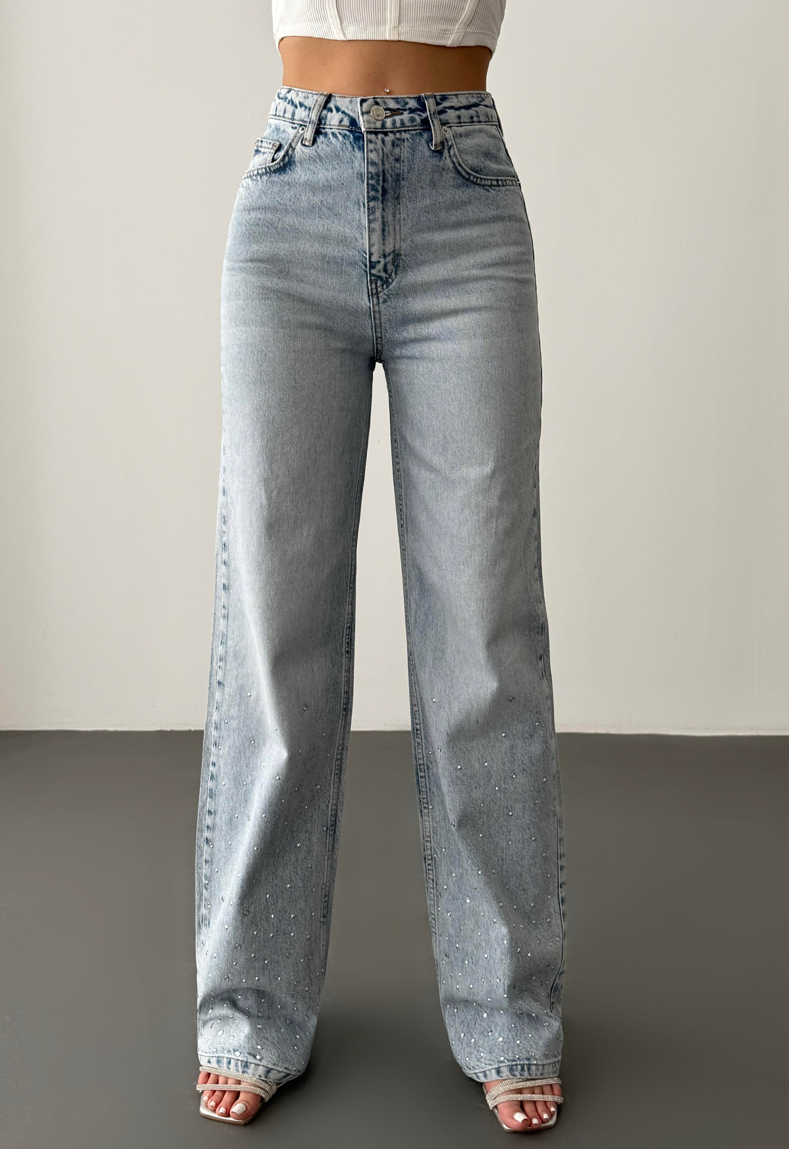 LACARINOYüksek Bel Bol Kesim Light Blue Taşlı Jean Pantolon
