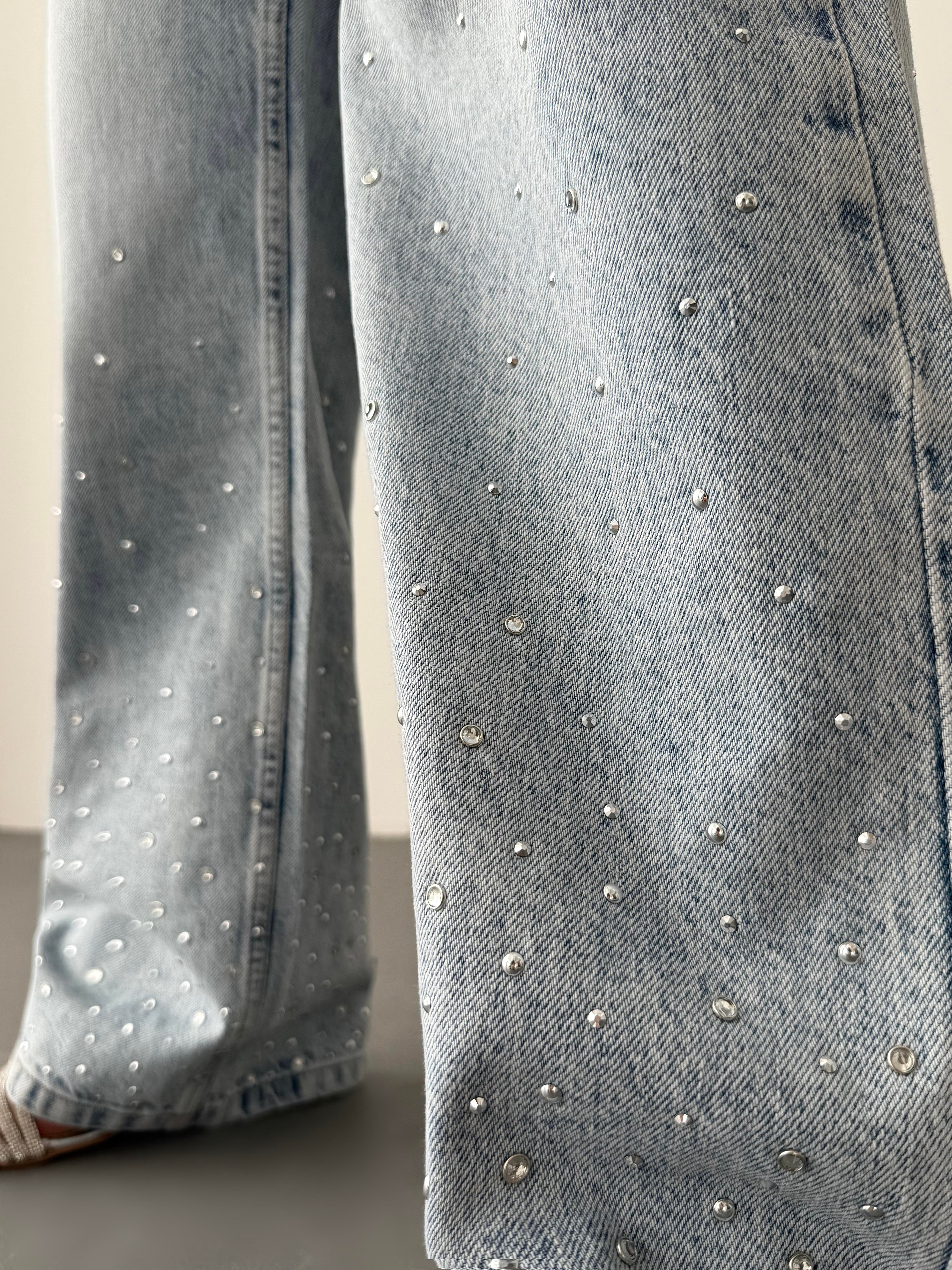 LACARINOYüksek Bel Bol Kesim Light Blue Taşlı Jean Pantolon