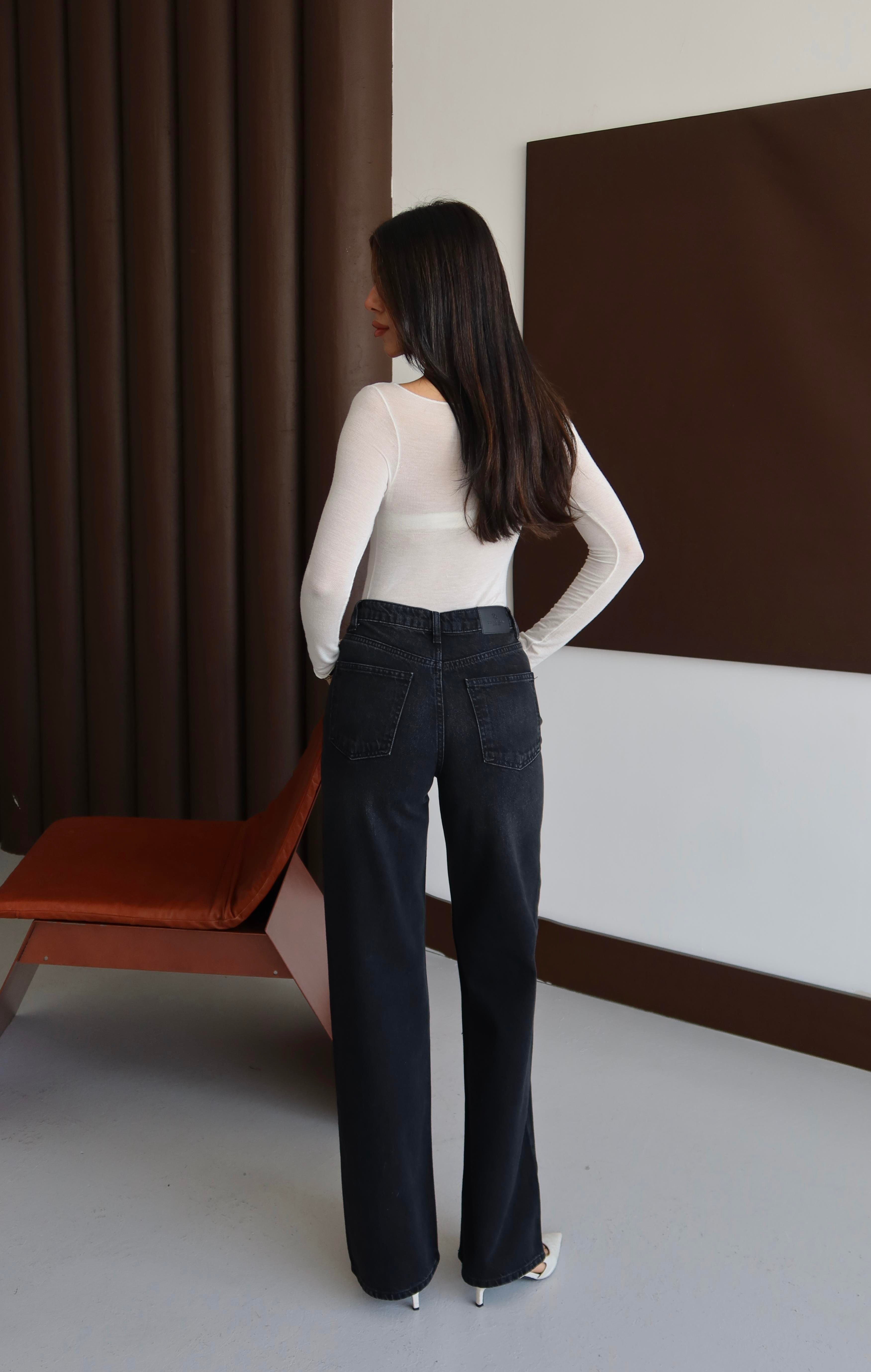 LACARINOYüksek Bel Rahat Kalıp Black Black Jean Pantolon
