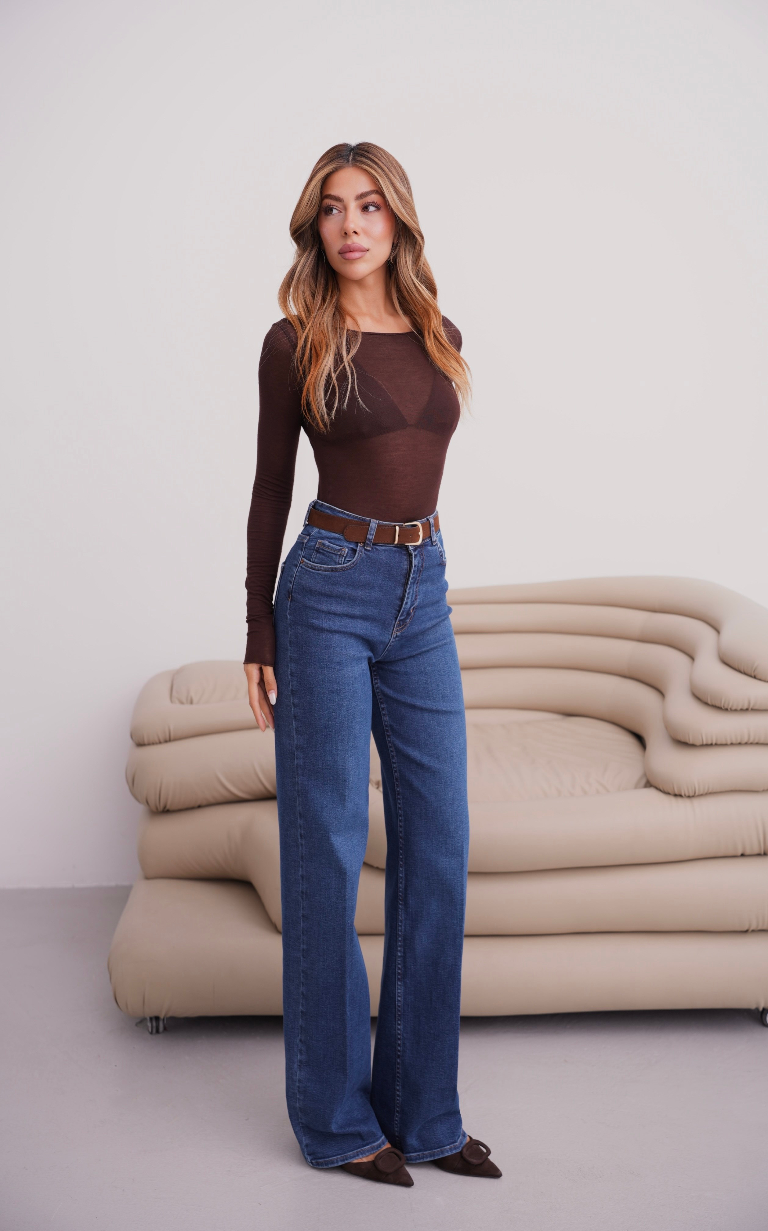 LACARINOYüksek Bel Wıde Leg Kalıp Kemer Detaylı Dark Blue Jean Pantolon