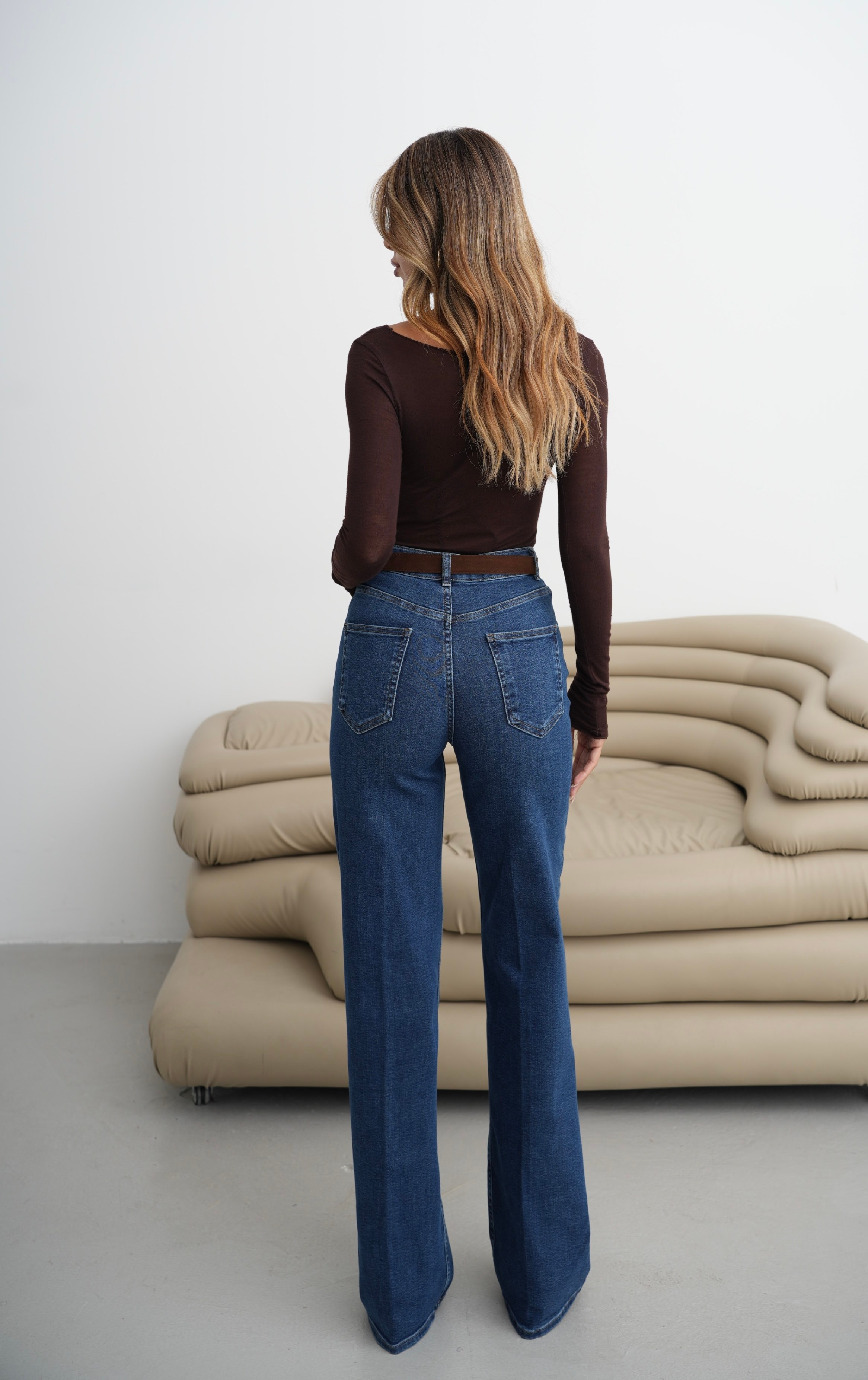 LACARINOYüksek Bel Wıde Leg Kalıp Kemer Detaylı Dark Blue Jean Pantolon
