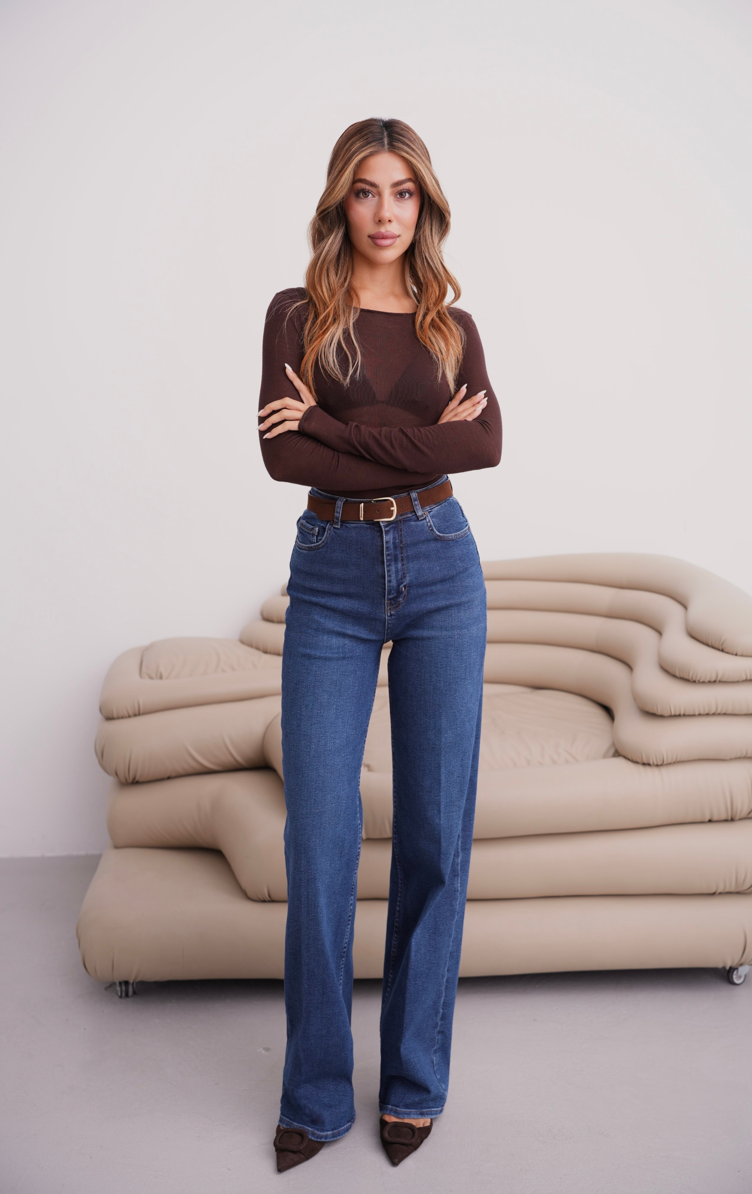 LACARINOYüksek Bel Wıde Leg Kalıp Kemer Detaylı Dark Blue Jean Pantolon