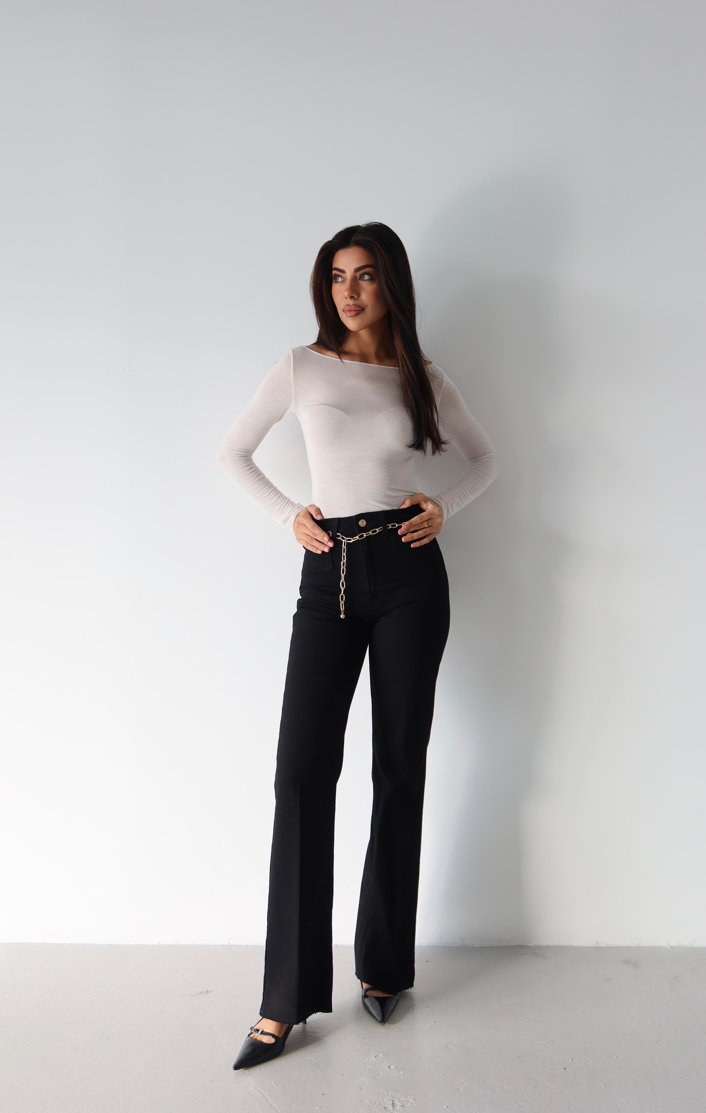 LACARINOYüksek Bel Kemer Zincir Detaylı Black Jean Pantolon