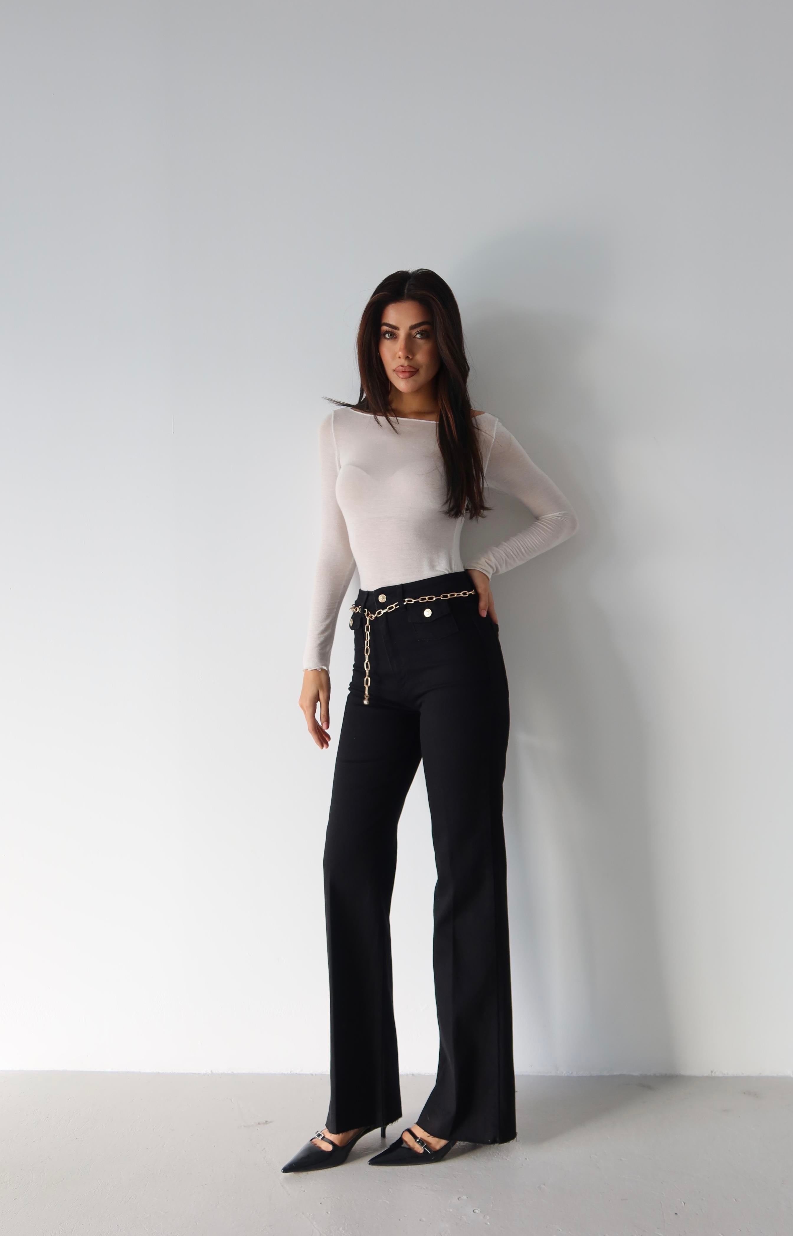 LACARINOYüksek Bel Kemer Zincir Detaylı Black Jean Pantolon