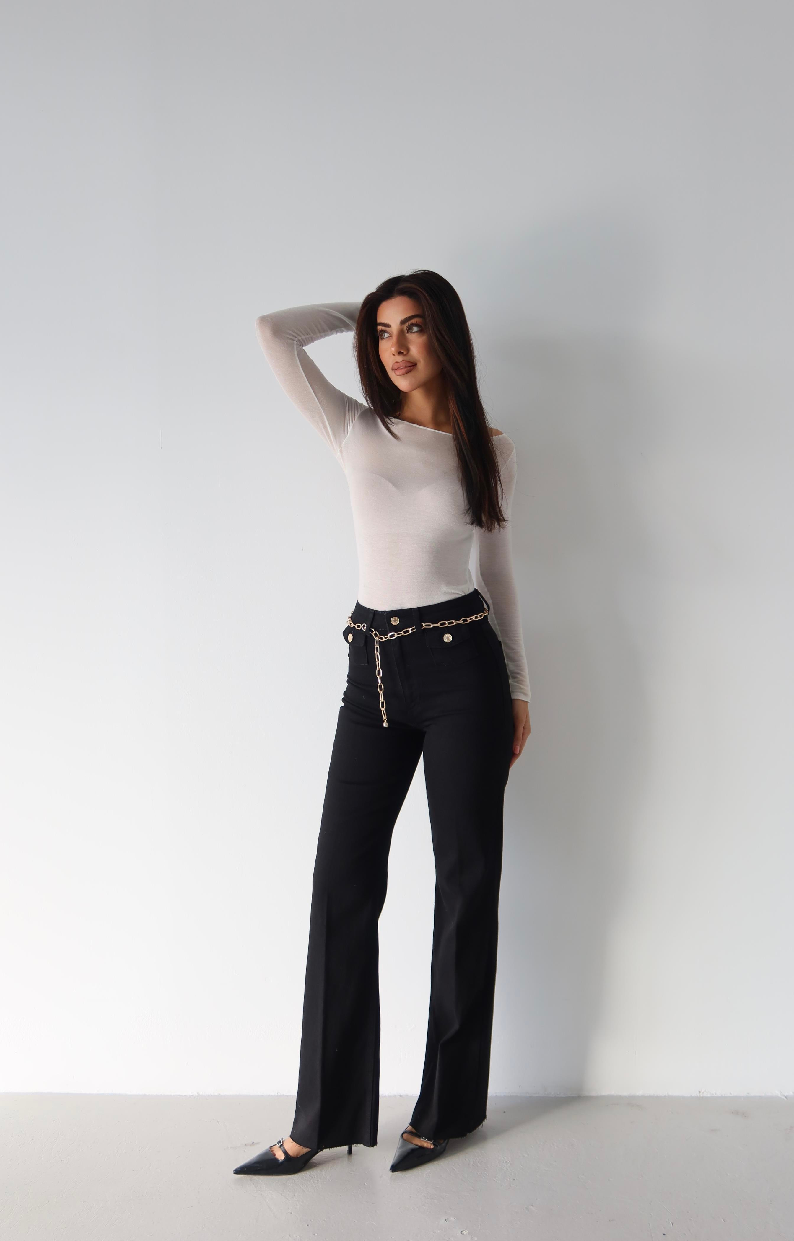 LACARINOYüksek Bel Kemer Zincir Detaylı Black Jean Pantolon