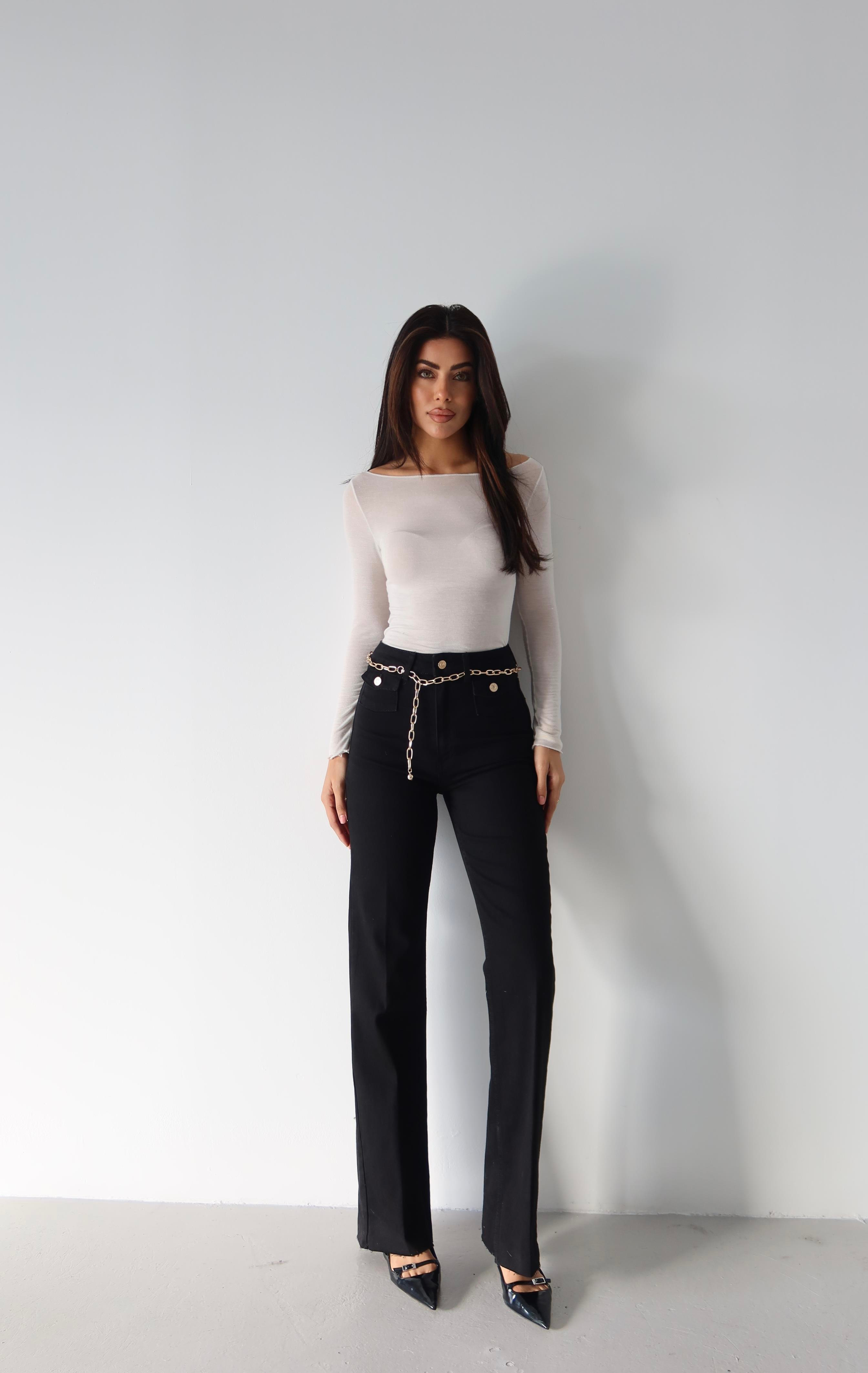 LACARINOYüksek Bel Kemer Zincir Detaylı Black Jean Pantolon