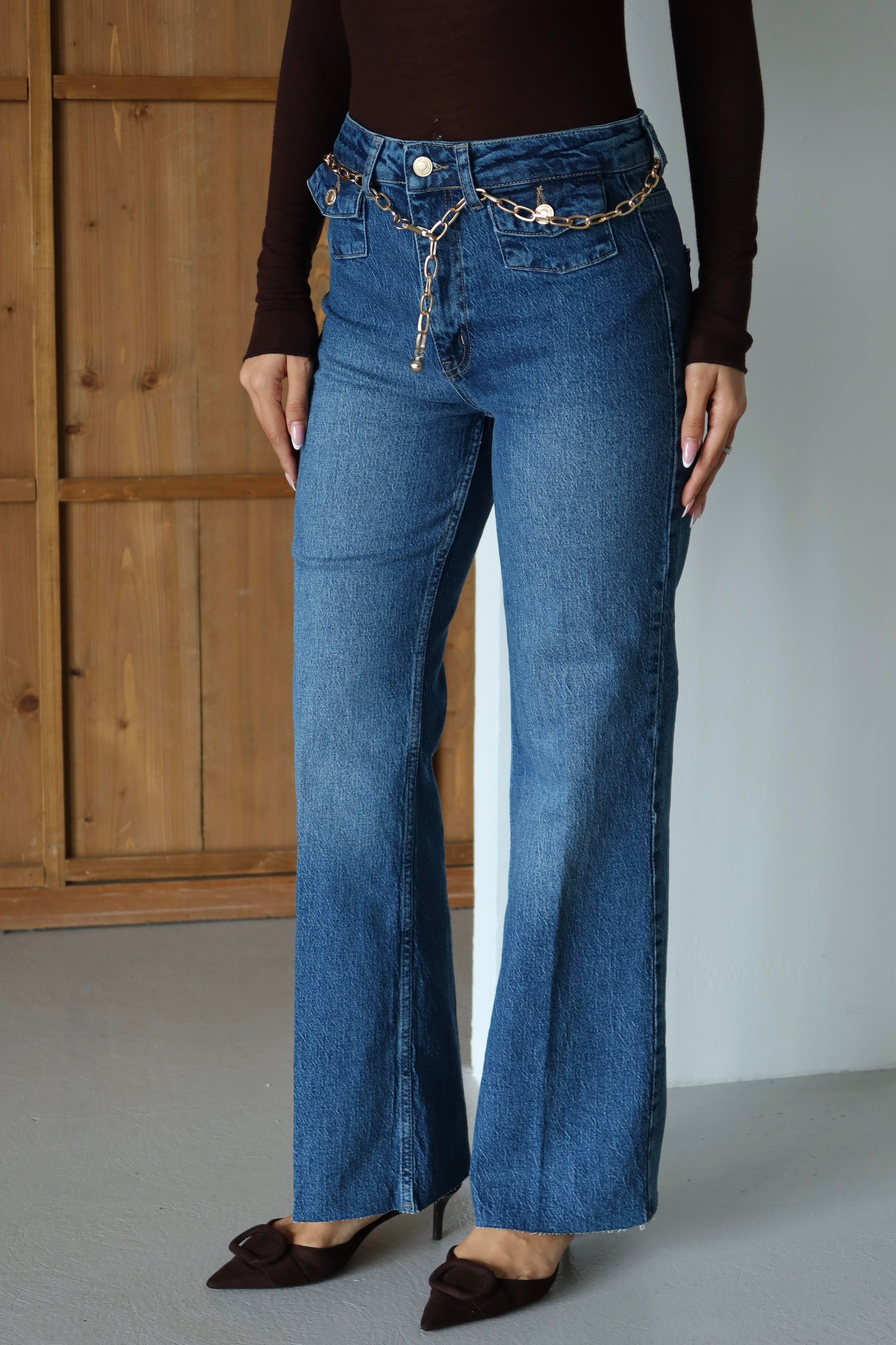 LACARINOYüksek Bel Kemer Zincir Detaylı Blue Jean Pantolon